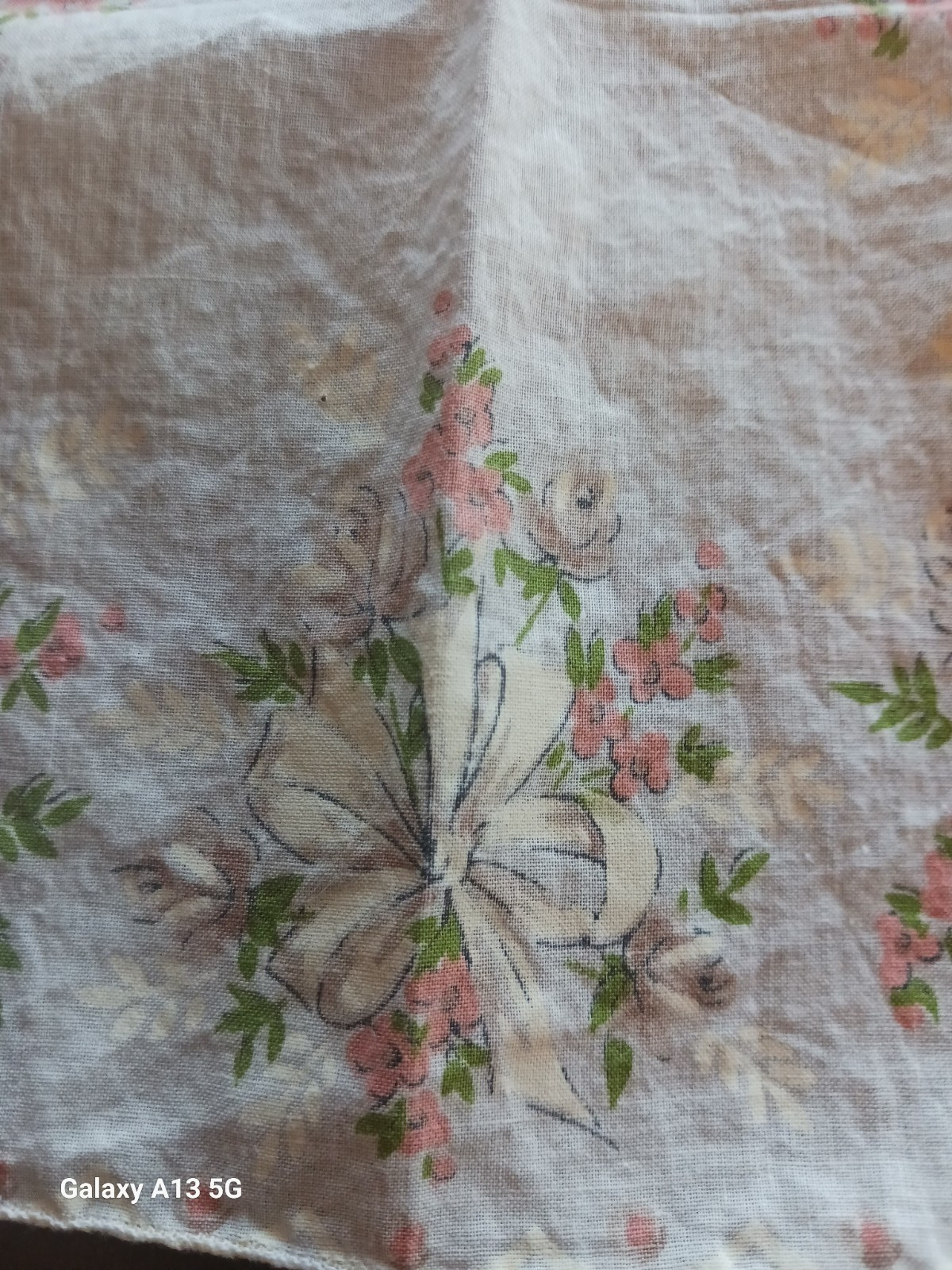 Vintage Womens Pink Flowers With White Ribbon Handkerchief