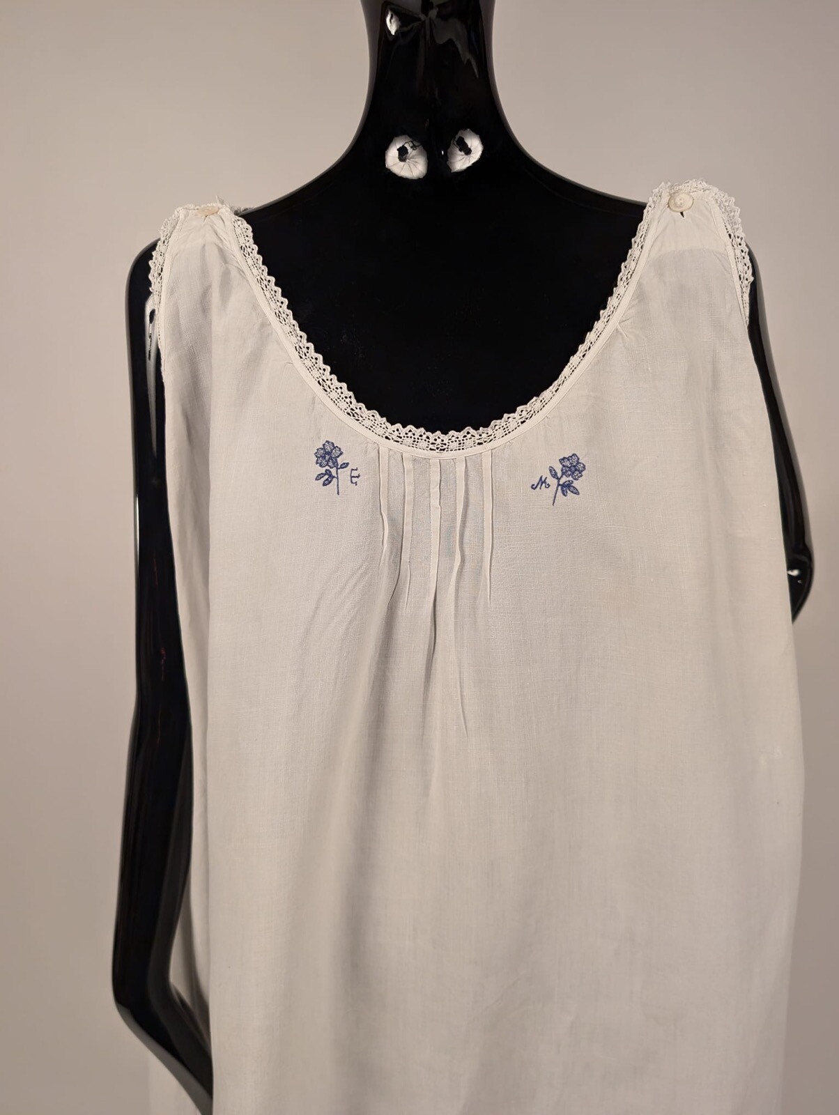 ANTIQUE EDWARDIAN WHITE LINEN SLIP W BLUE FLORAL EMBROIDERY + INITIALS