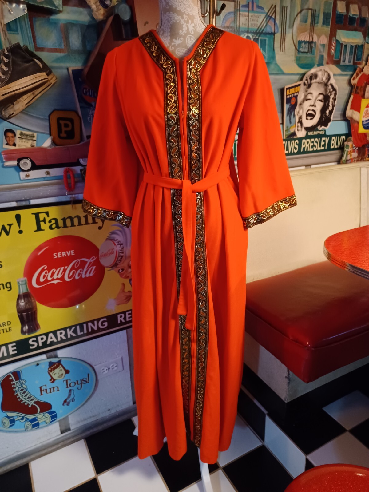 True Vintage Mid-century 1960s Orange Robe With Brocade Trim MCM MOD ONE SIZE