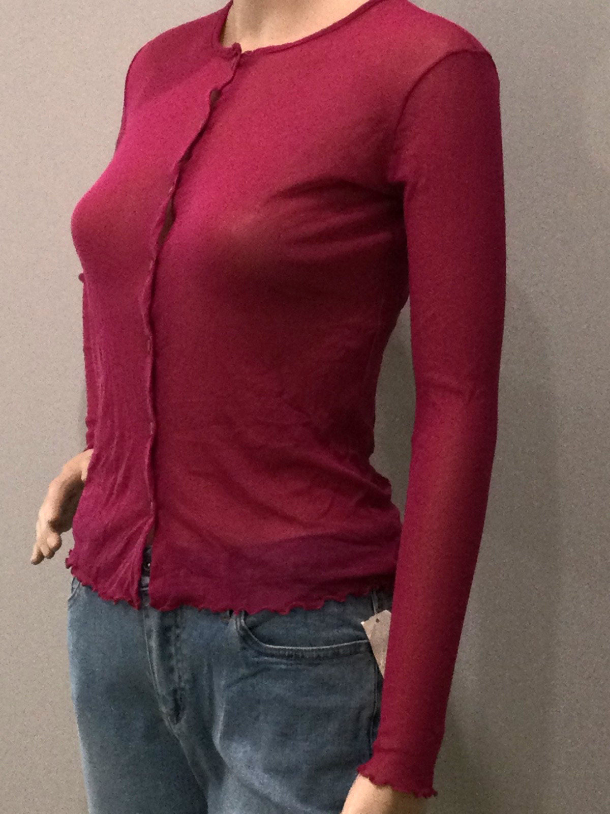 Vintage Hanky Panky NWT Sheer Mesh Cardigan Pink Button Front Lettuce Hem S Y2K