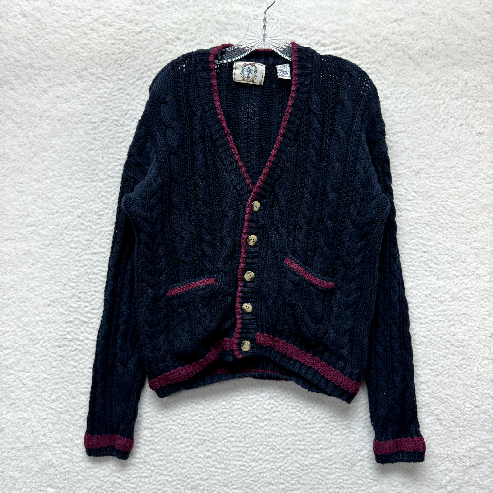 90s Vintage Cardigan Sweater Large Womens Navy Blue Chunky Cable Knit Academia