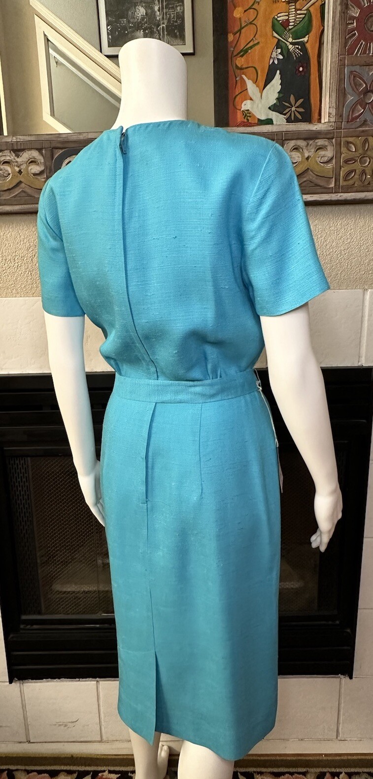 Vtg Galant Dress w/tag belted rayon turquoise Circ 1980s armpit to armpit 18″