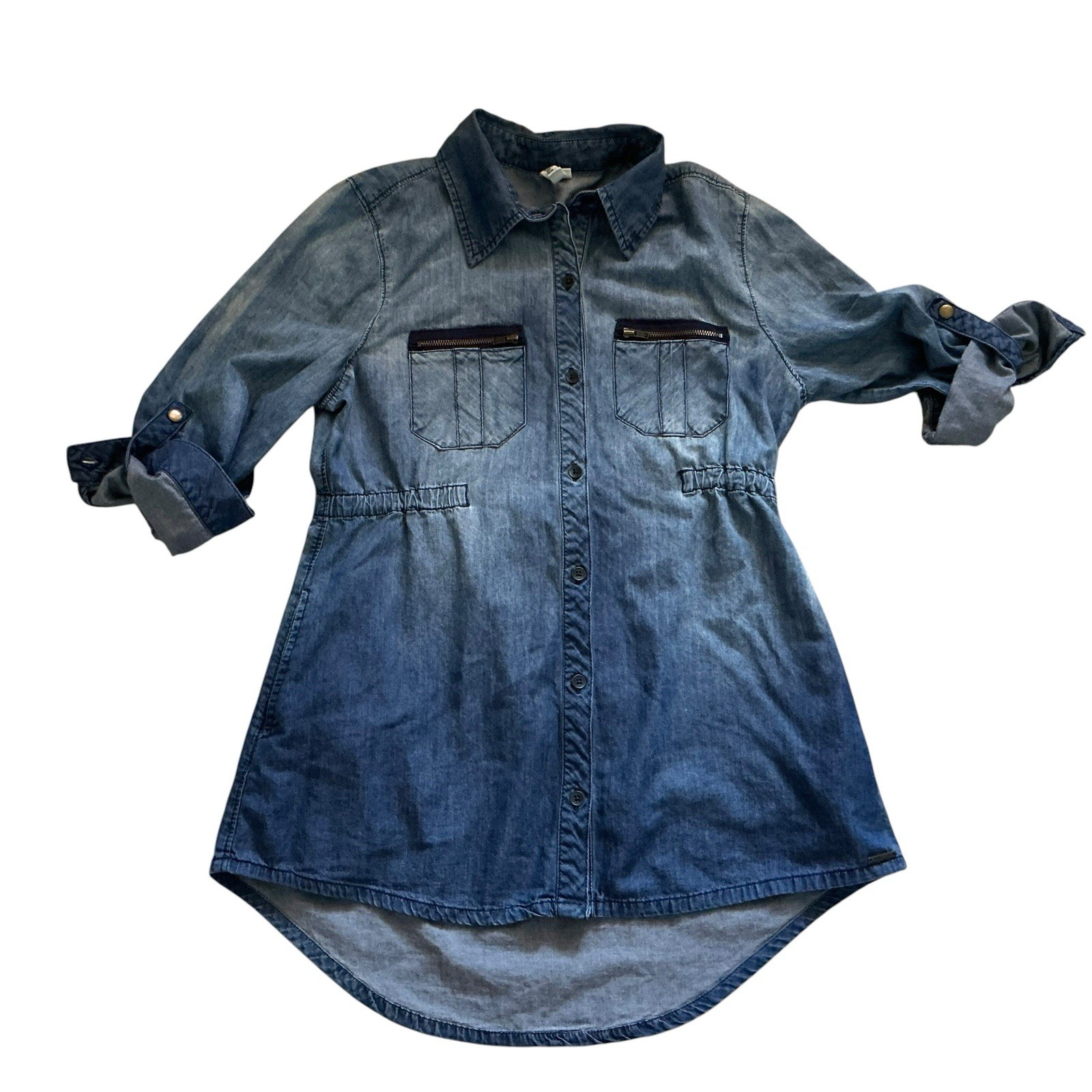 Hang Ten VTG 90s Indigo Chambray Denim Shirt Dress Roll Tab Sleeves M Drop Waist