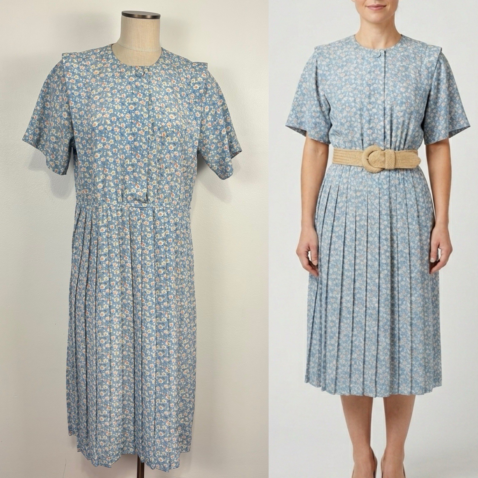 Vintage Leslie Fay Petite 8 Floral Midi Dress Blue Pleated Short Sleeve 80s 90s
