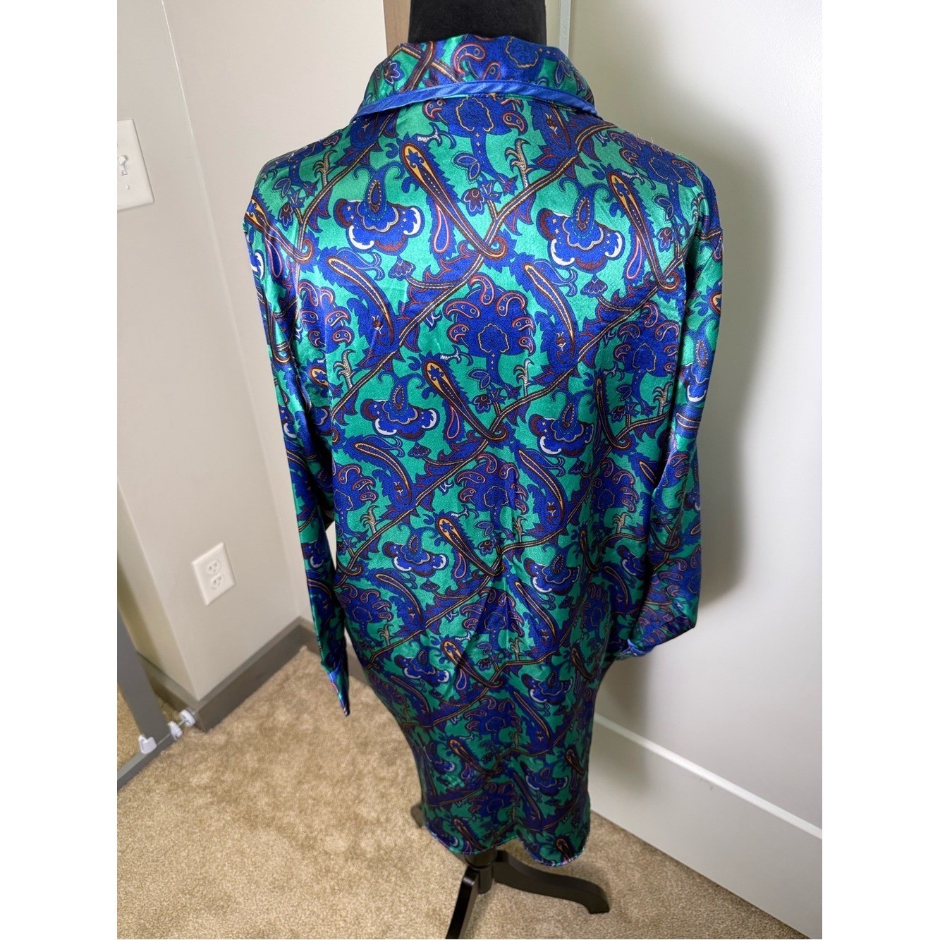Vintage Kathryn Blue Green Jewel Tone Button Front Night Gown Paisley Short L