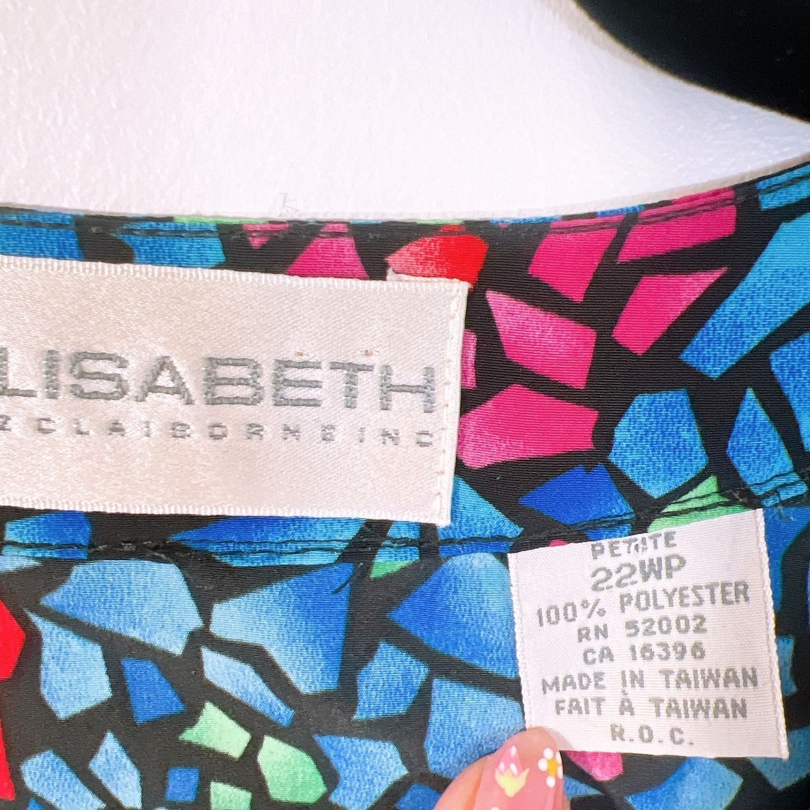 Y2K Elisabeth Liz Claiborne 22WP Vintage Stained Glass Mosaic Floral Blouse Blue