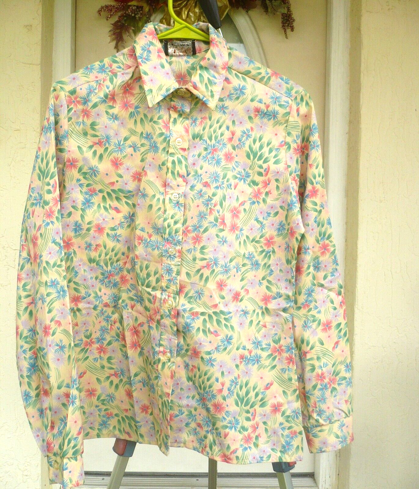 VTG CITY LIGHTS M BLUE PINK FLORAL SILKY BUTTON UP SHIRT BLOUSE COTTAGECORE 80S