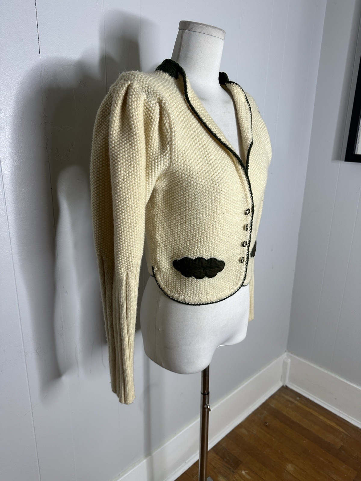 Vintage 80s Does 40s Folk Mutton Sleeve New Wool Cardigan Sweater Austrian Made