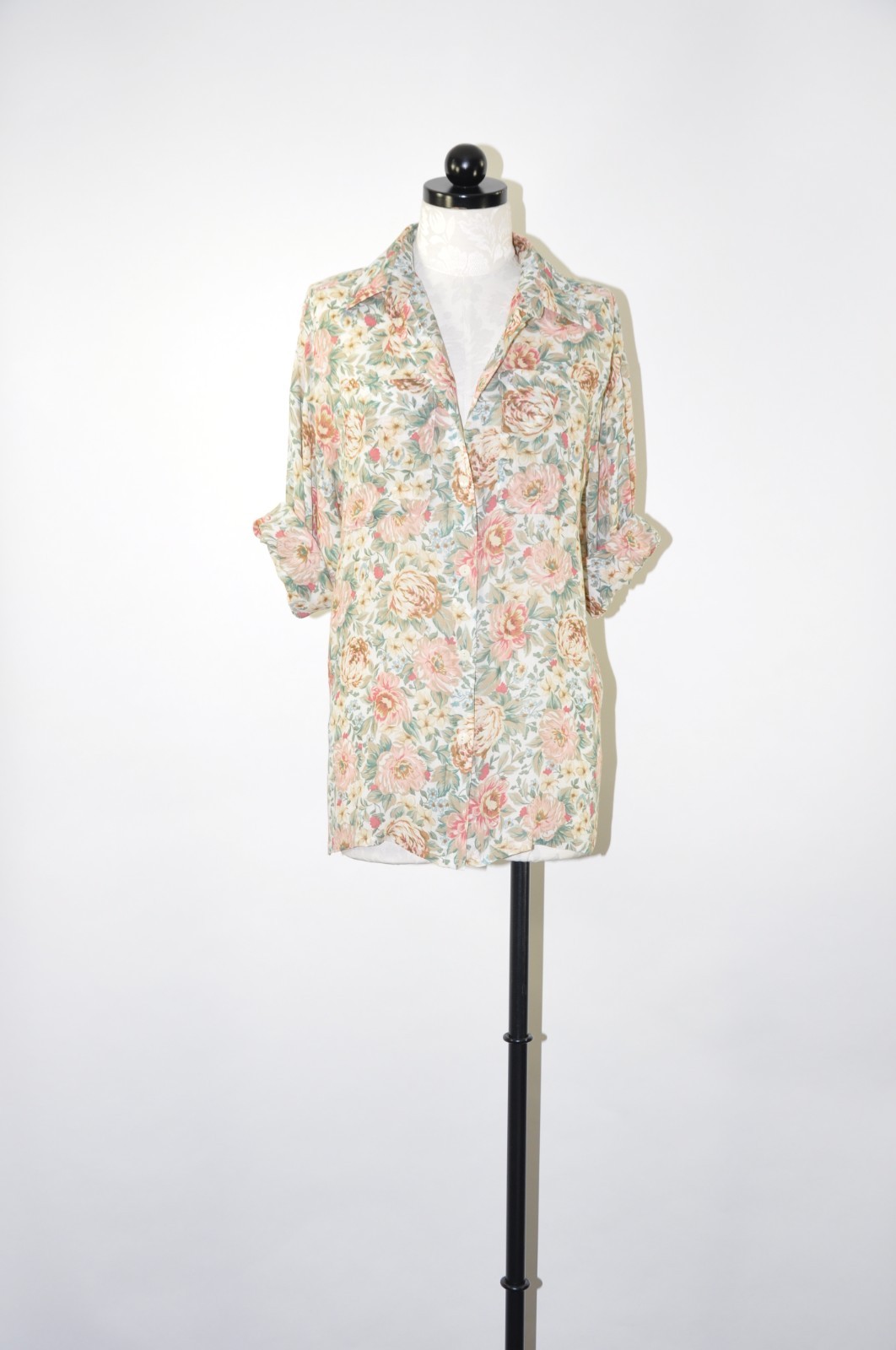 90s Vintage Pastel Botanical Floral Rayon Gauze Long Shirt Blouse Top Women M