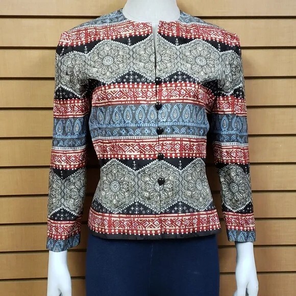 Vintage Adrianna Papell Silk Blazer Jacket Geometric Stripe Red Black Career M