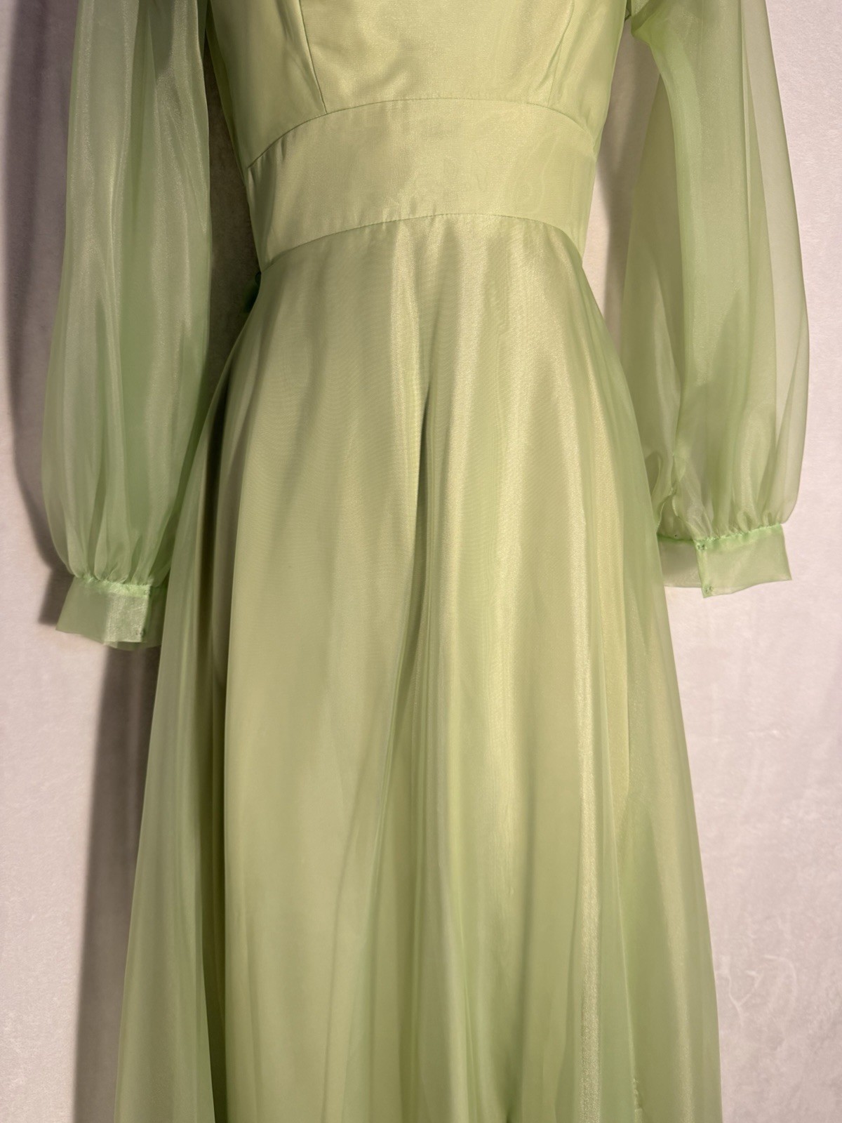 Vtg Mint Green Puffy Long Sleeve Maxi Cottagecore Prairie Ruffles Rare Dress
