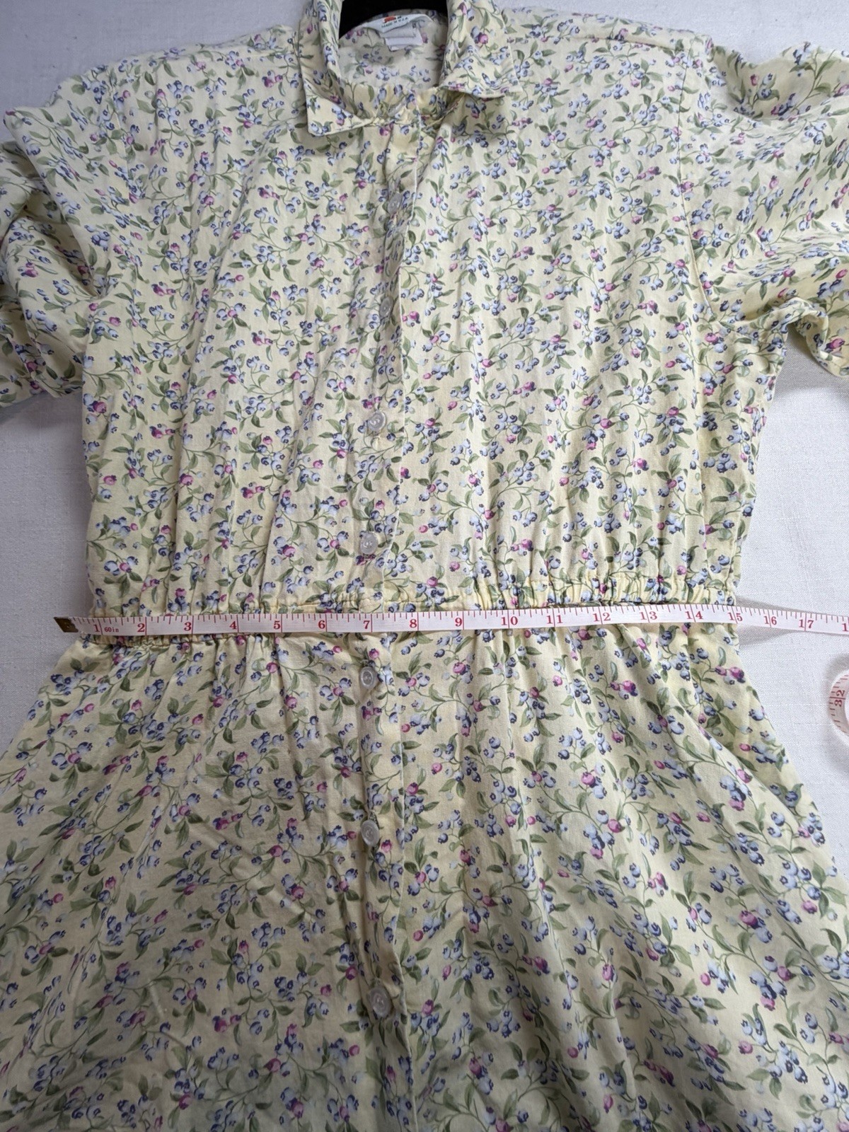 Vintage 90s Floral Shirt Dress Cottagecore Yellow Blueberry Midi Belted M/L USA