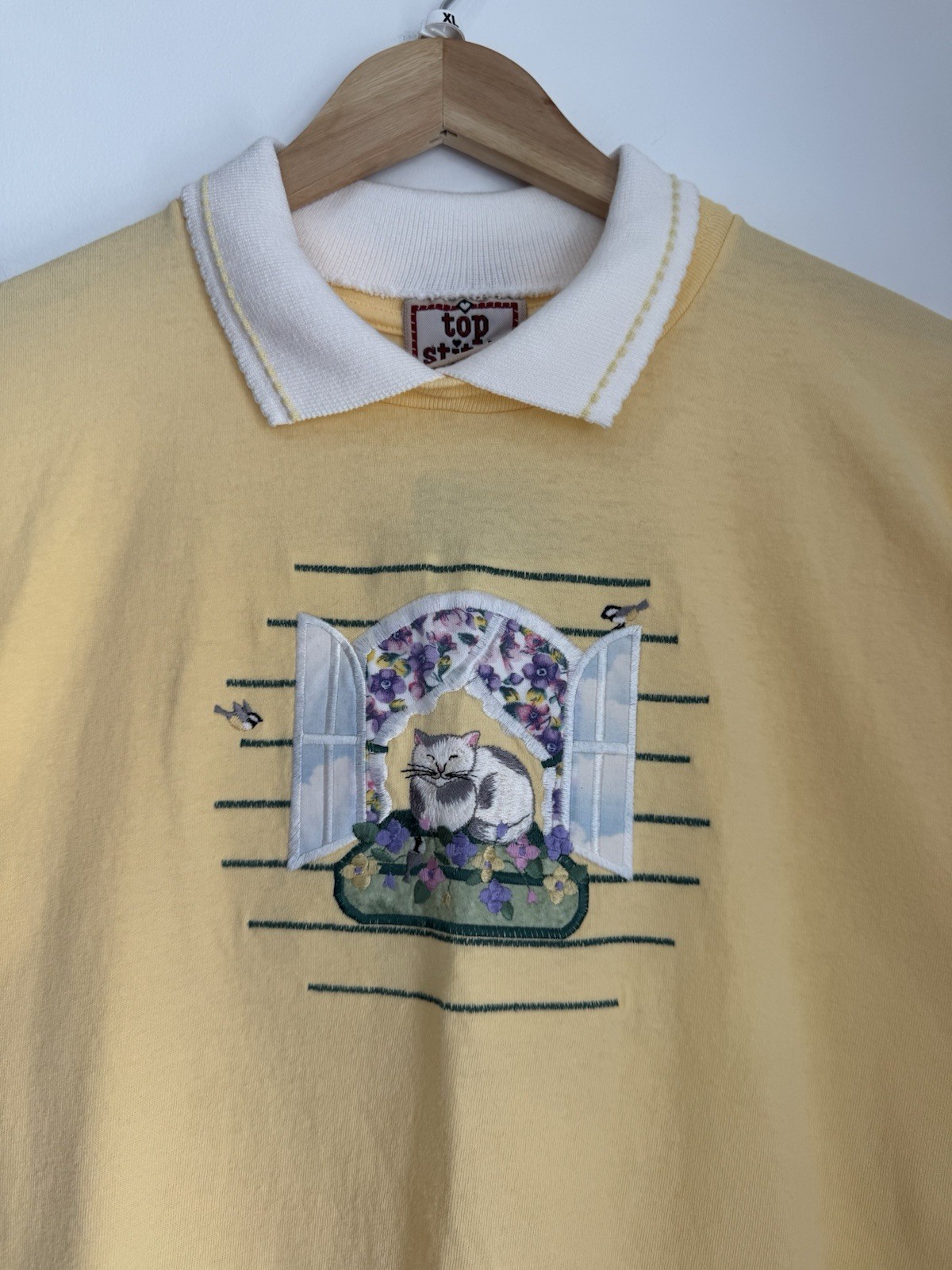 Vintage 90s Top Stitch by Morning Sun Cottage Embroidered Cat Collared Shirt XL