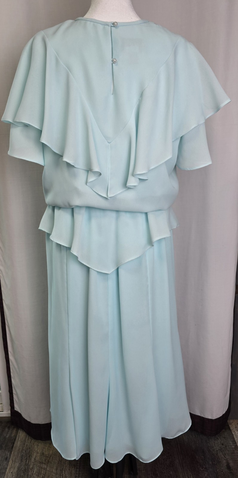 Vtg Liz Petites Chiffon 2 Piece Dress Set Sz M Aqua Ruffles Flowy Lace Coquette