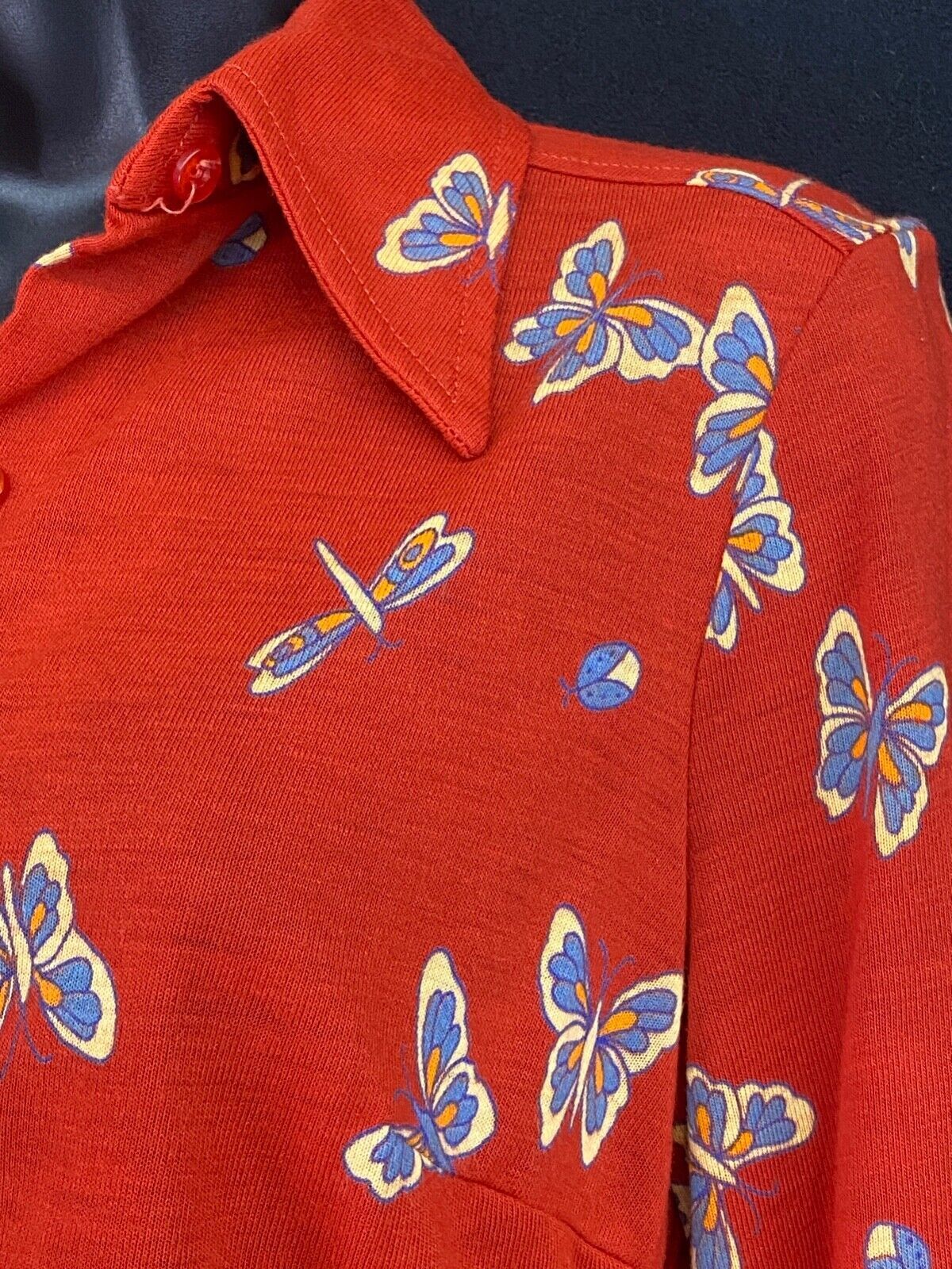 Vintage 1970s red novelty print shirt, bugs butterfly deadstock blouse top rust