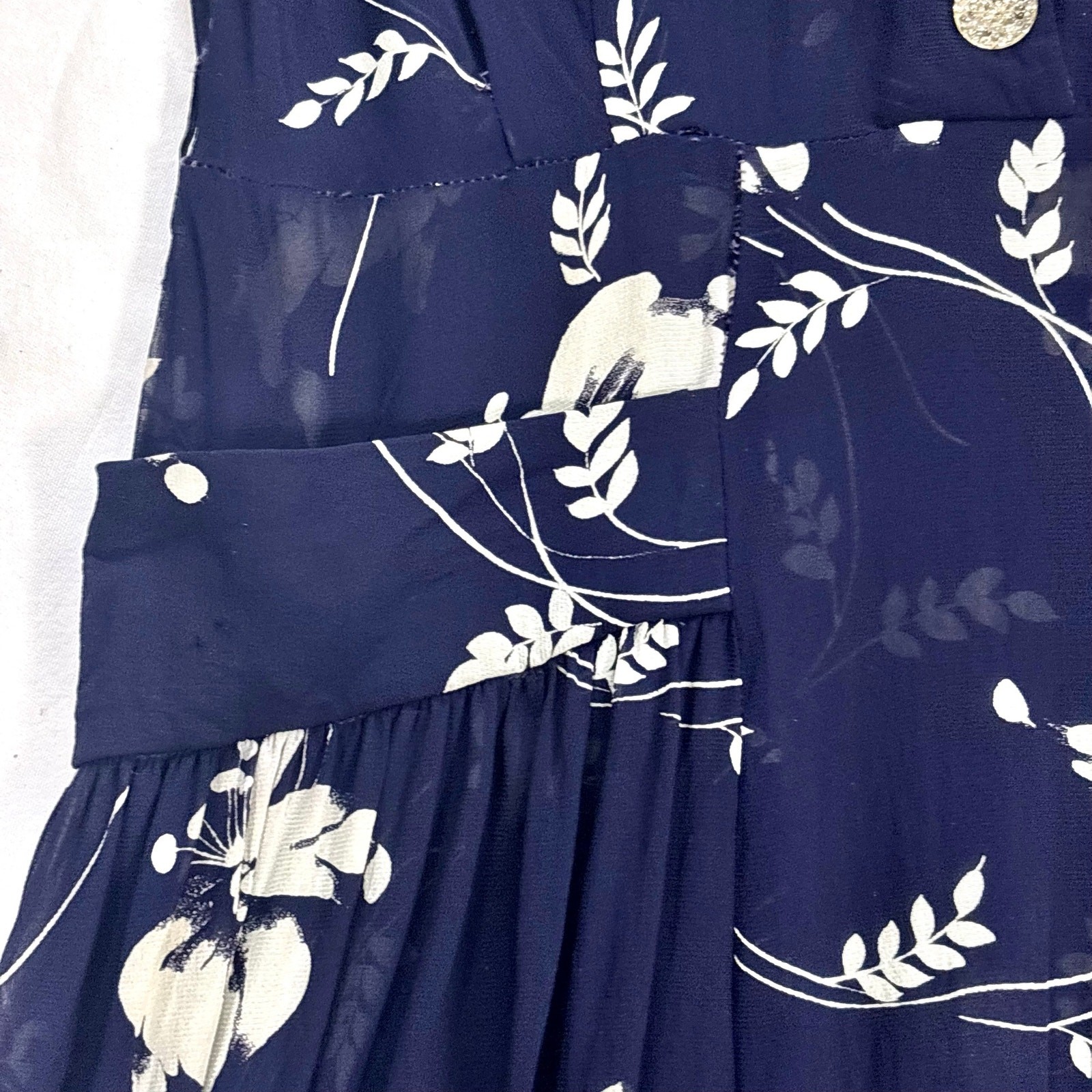 Vintage 1940s Silk Chiffon Shirtwaist Dress Navy Blue Tropical Floral Print