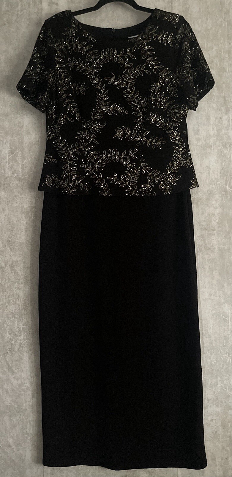 JESSICA HOWARD-VTG One Pc Top Look Evening Maxi Dress Blk Gold Leaf Sparkle Sz14