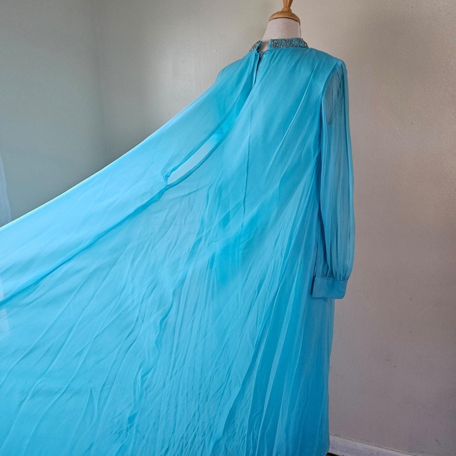 Vintage 70s Blue Disco Diva Stage Chiffon Sheer Overlay Maxi Dress Gown Beaded M