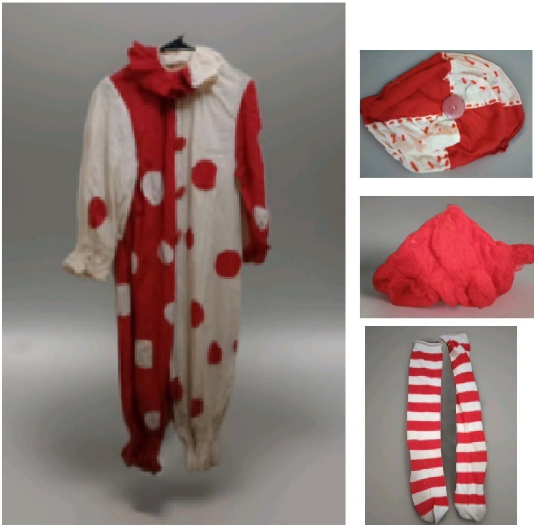 Vintage 1920s 1930s Antique Clown Costume Red/White Jumpsuit / Wig Socks Hat