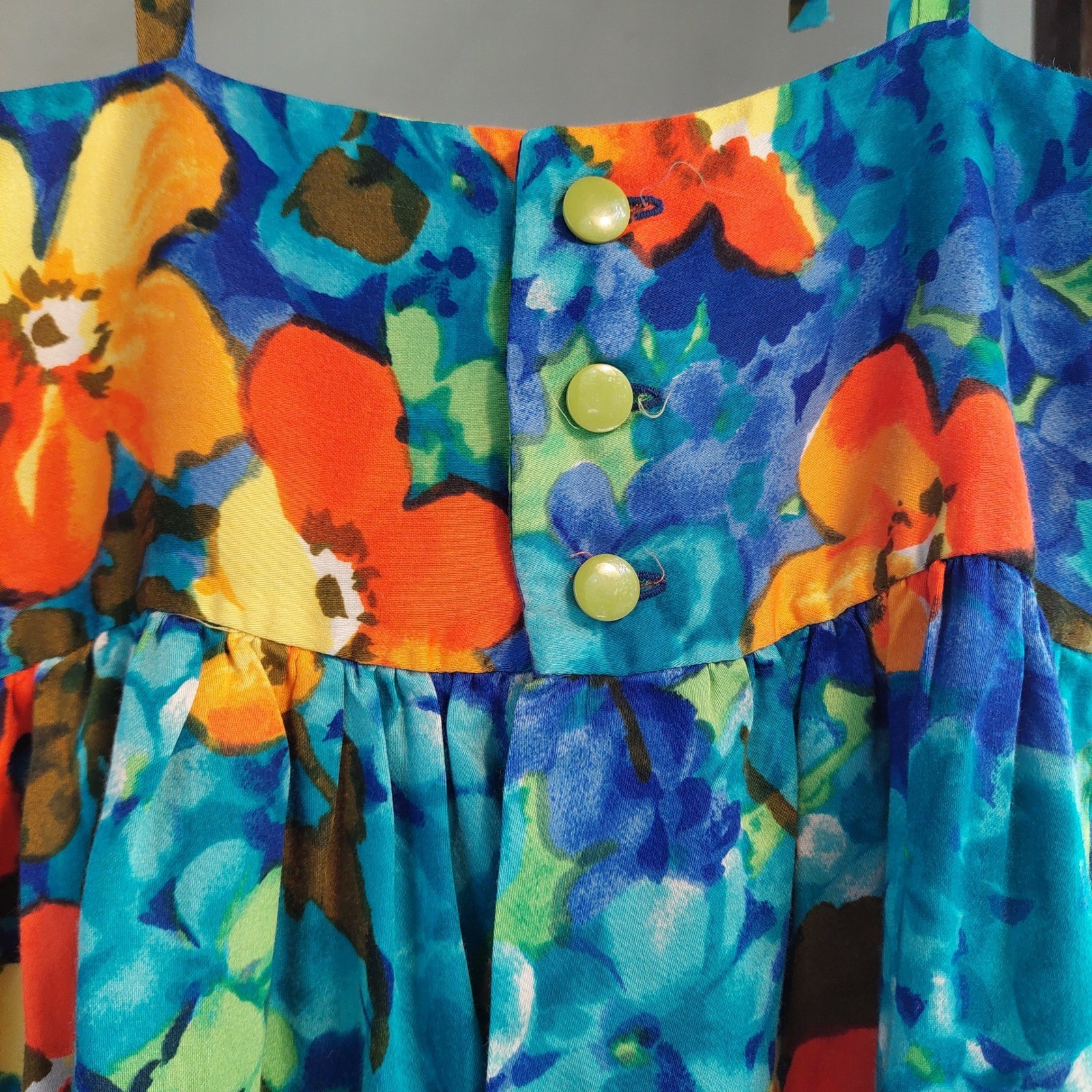 Vintage Floral Maxi Dress Blue Orange Tie Strap Empire Waist Boho Sun Dress