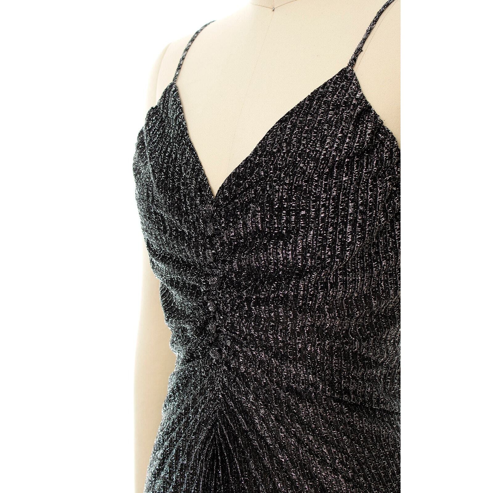 Vintage 1980s Party Dress 80s Metallic Black Silver Travilla Pleated Cocktail