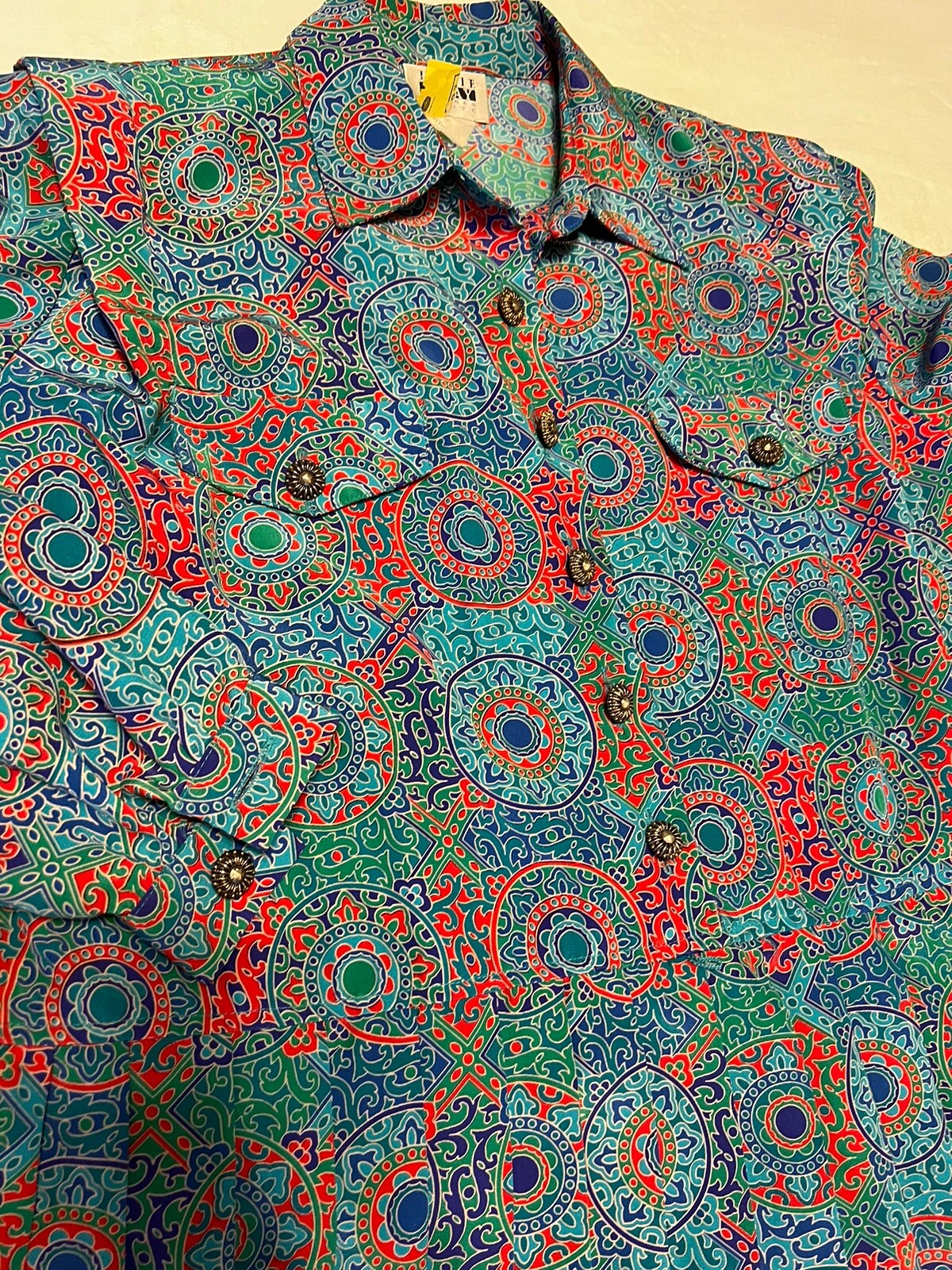 Vintage Leslie Faye Teal Pleated Fit & Flare Shirt Dress Gold Buttons-14P