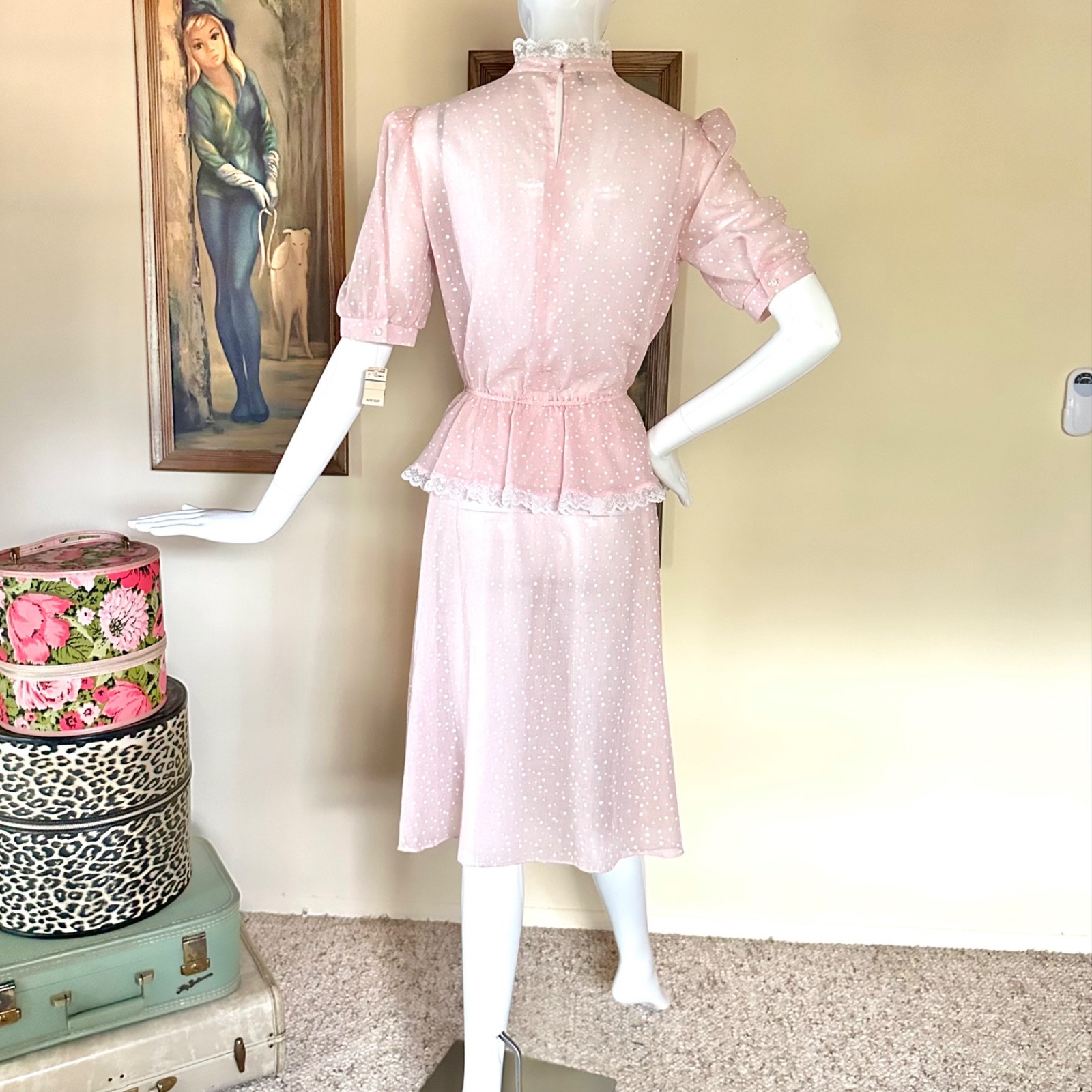 Vintage 1980s New Wave Valley Girl Pastel Pink Polka-dot Peplum Dress S/M