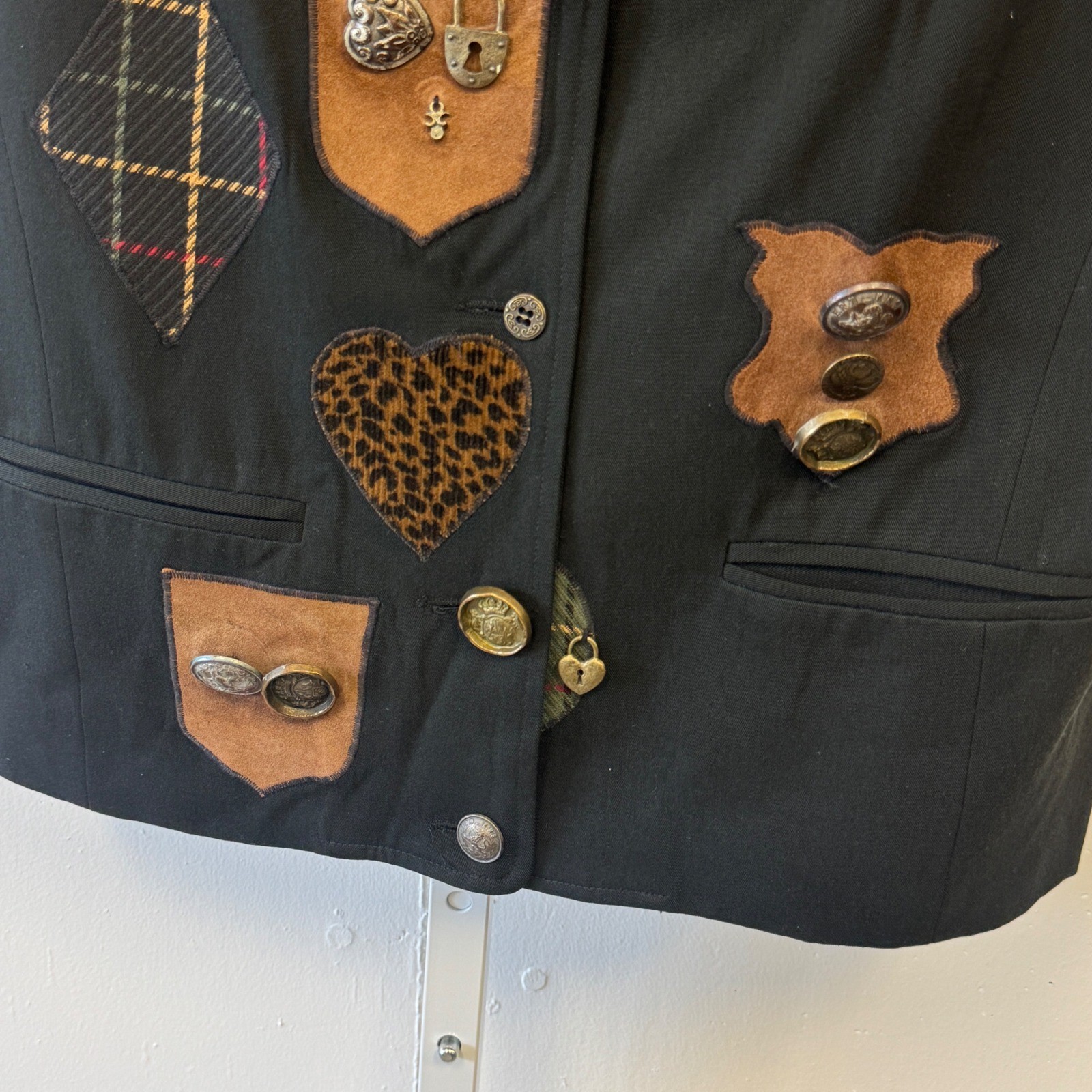 Vintage Ciel Bleu Patchwork Novelty Button Wool Blend Vest Western Black
