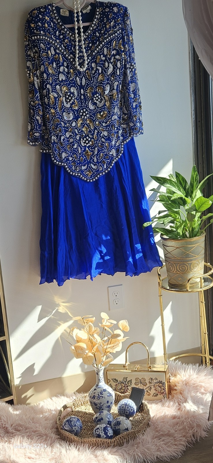 Vintage Fieri New York Blue Beaded Scalloped Organza 100%Pure Silk Dress Size L
