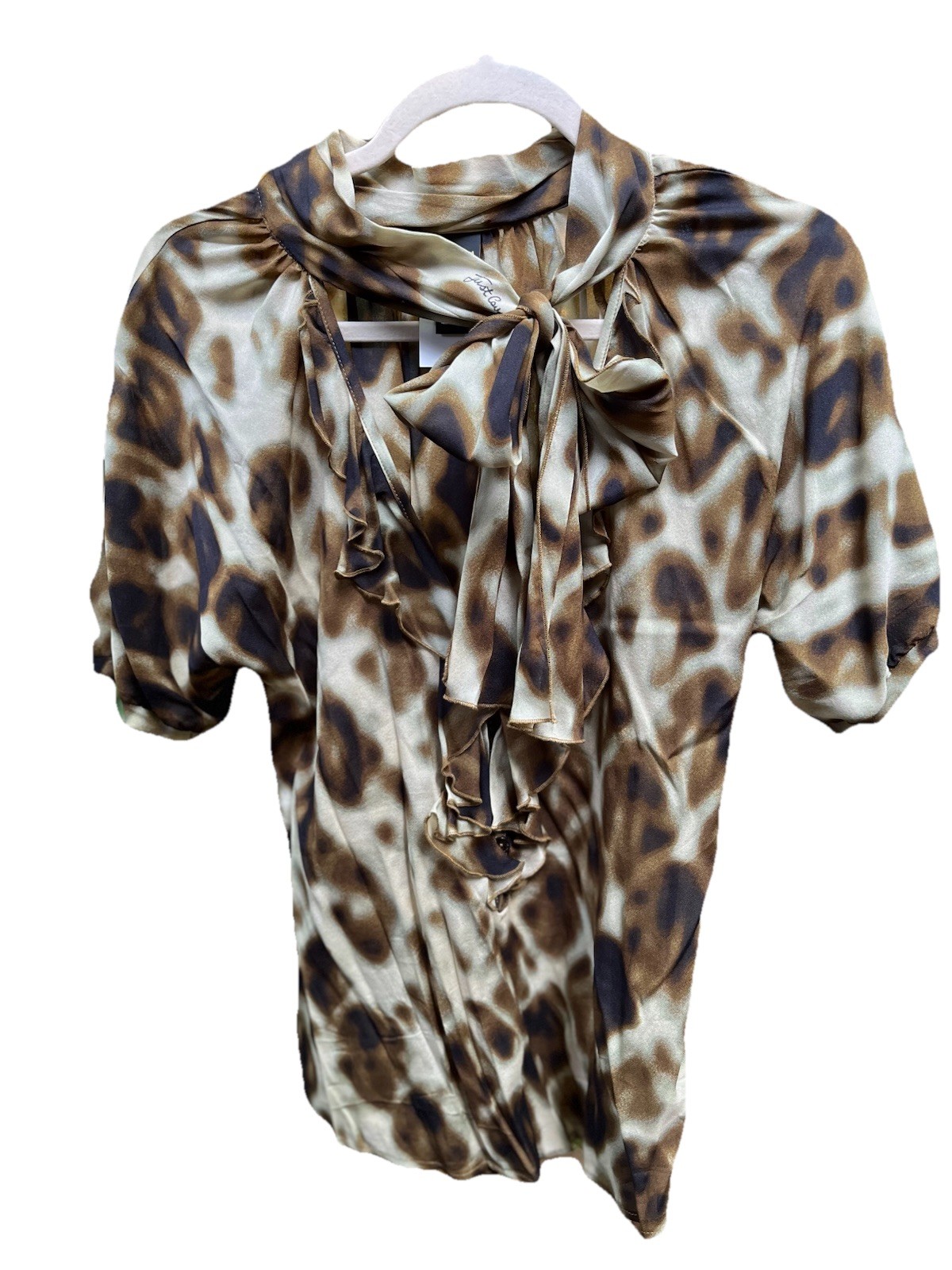 JUST CAVALLI VINTAGE Camouflage Top Short Sleeve Tie Ruffle Buttons Italy 42