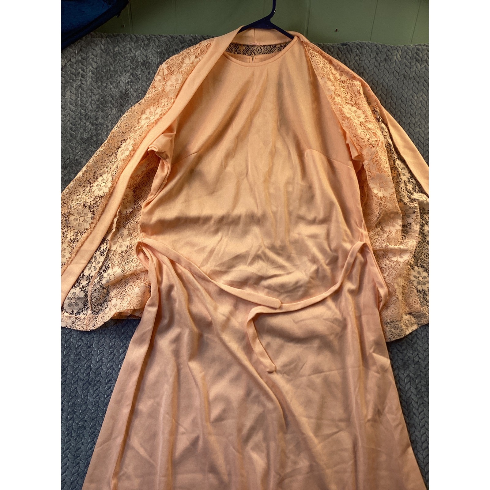 Vintage Peach Lace 2 Piece Dress Set Cardigan Jacket Midi Formal Apricot