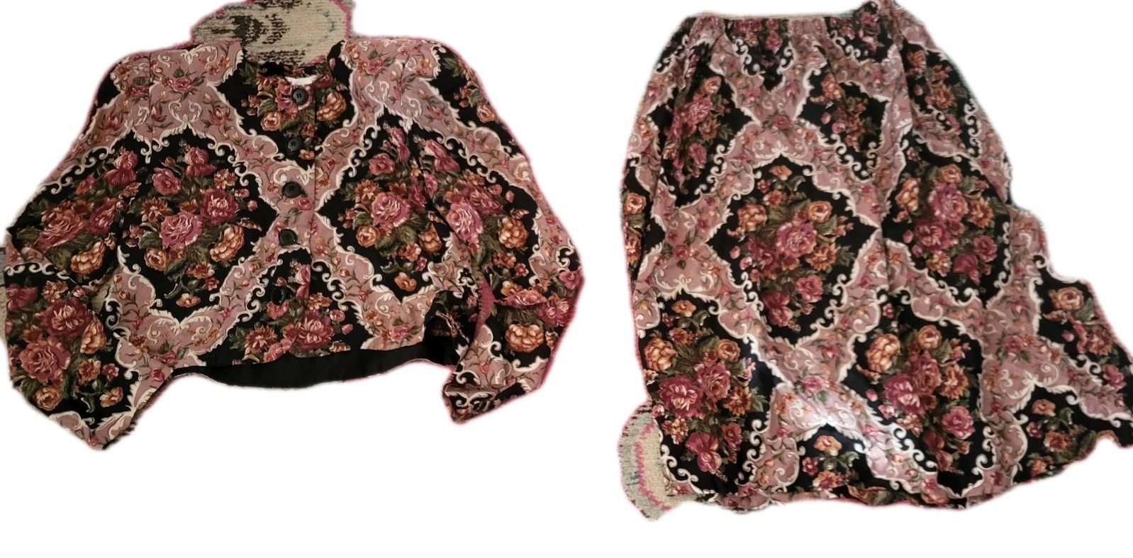Act 1 womens roses floral 2 piece skirt blouse set shoulder pads outfit 10 black