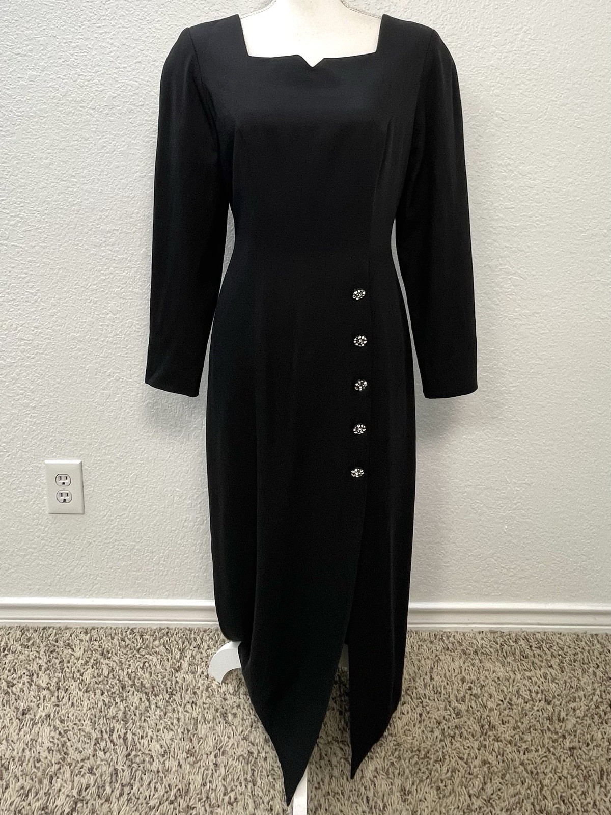 VTG 80s ANN TOBIAS Womens 4 Black Long Sleeve Square Neck COCKTAIL DRESS Buttons