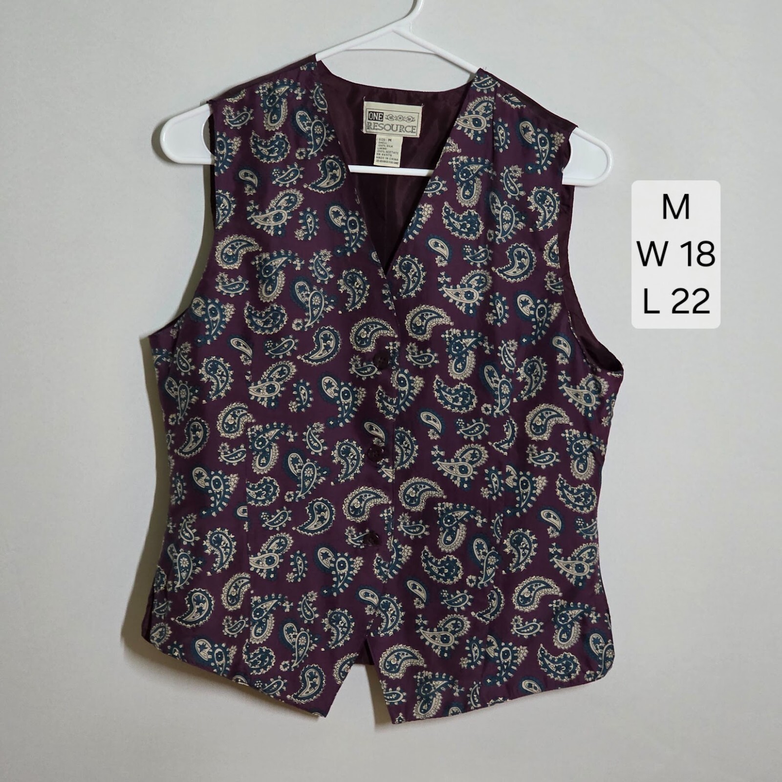 💜 VTG 80s–90s One Resource Silk Vest | Purple Gray Blue Paisley | M | Groovy!!!