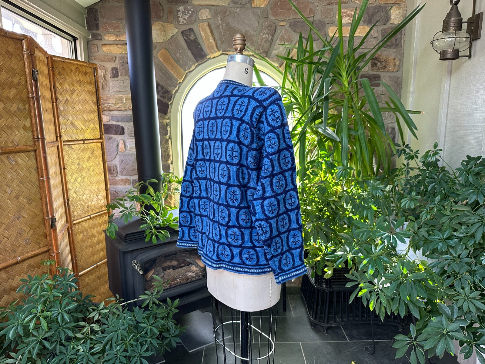 Vintage 1980s 2 Tone Blue Wool Cardigan Sweater with Shoulder Pads J Christopher