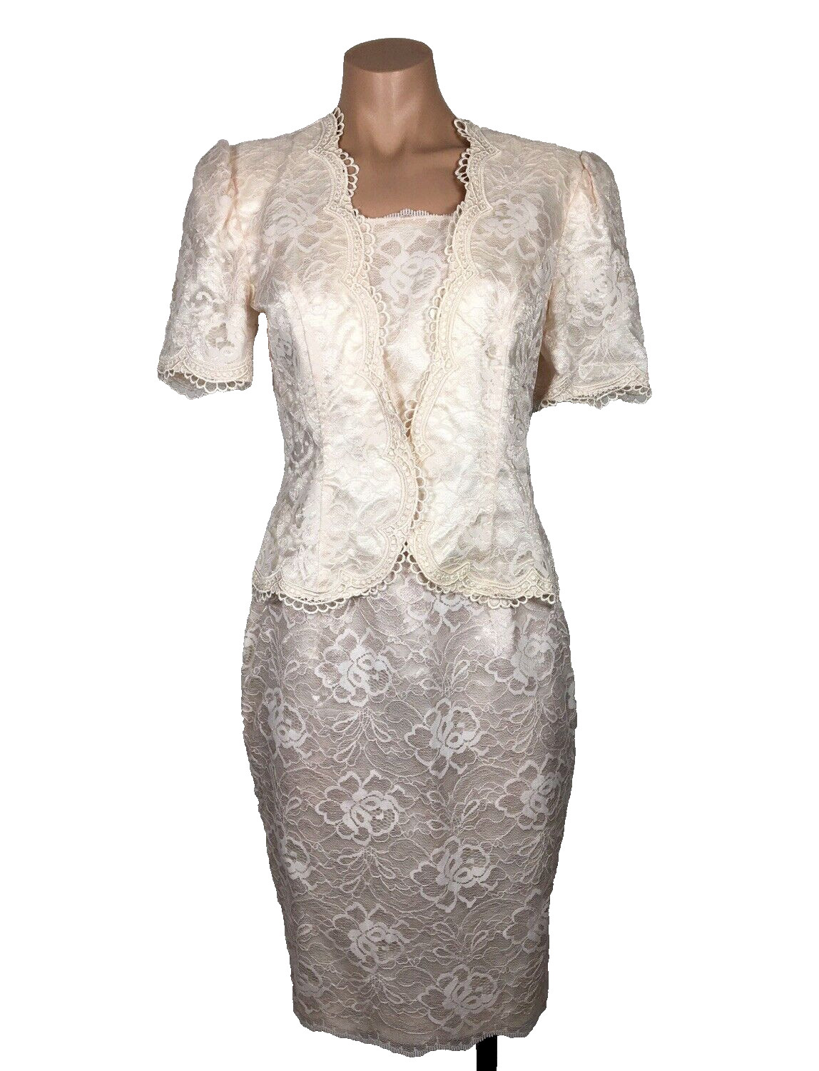VTG 80s Lace Blush Pink Suit Skirt Pouf Sleeve Jacket Wedding Party DRESS P 6