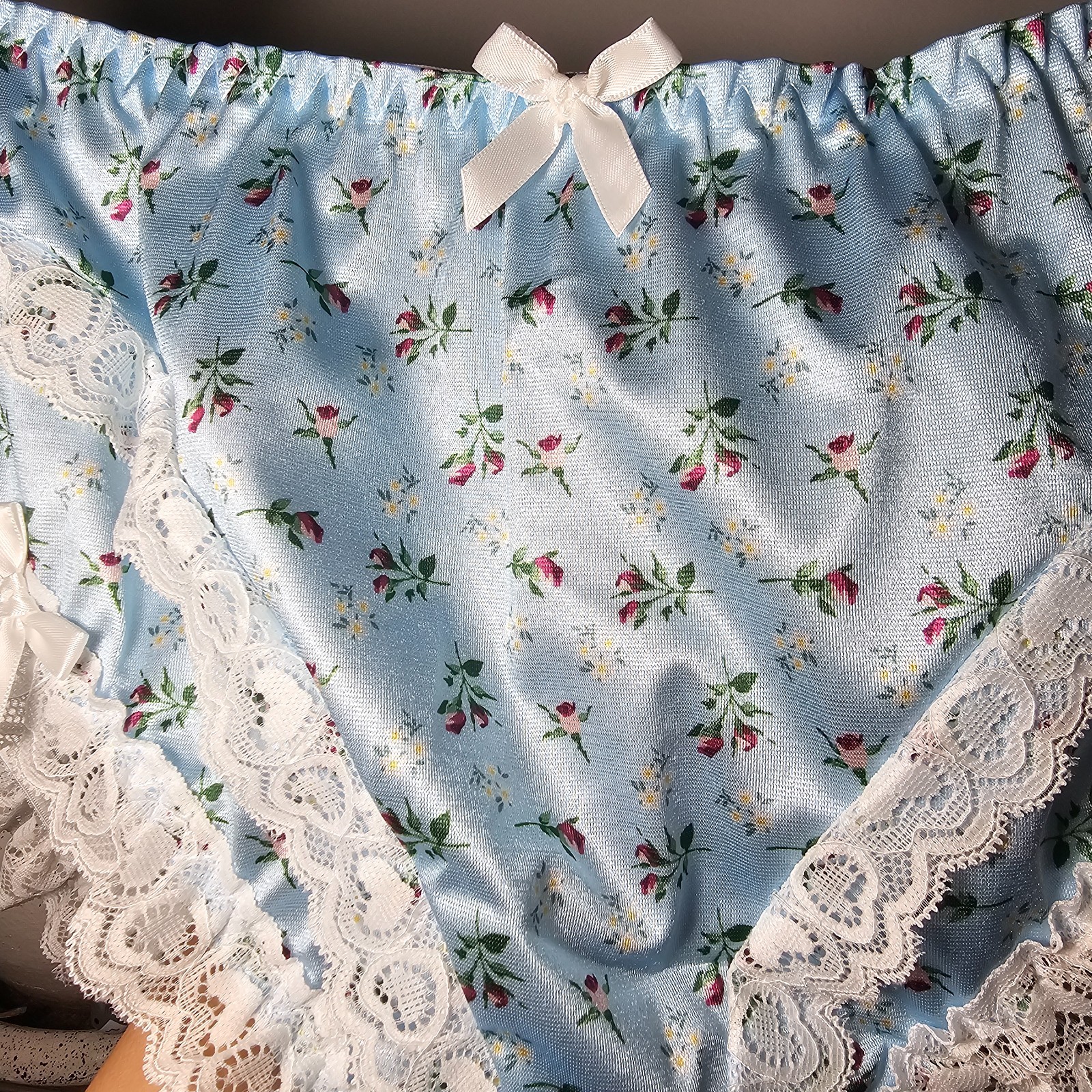 Glossy Floral Satin Panty Blue Bikini Sissy Nylon Lace Brief Sz 10-11 Hip 48-52″