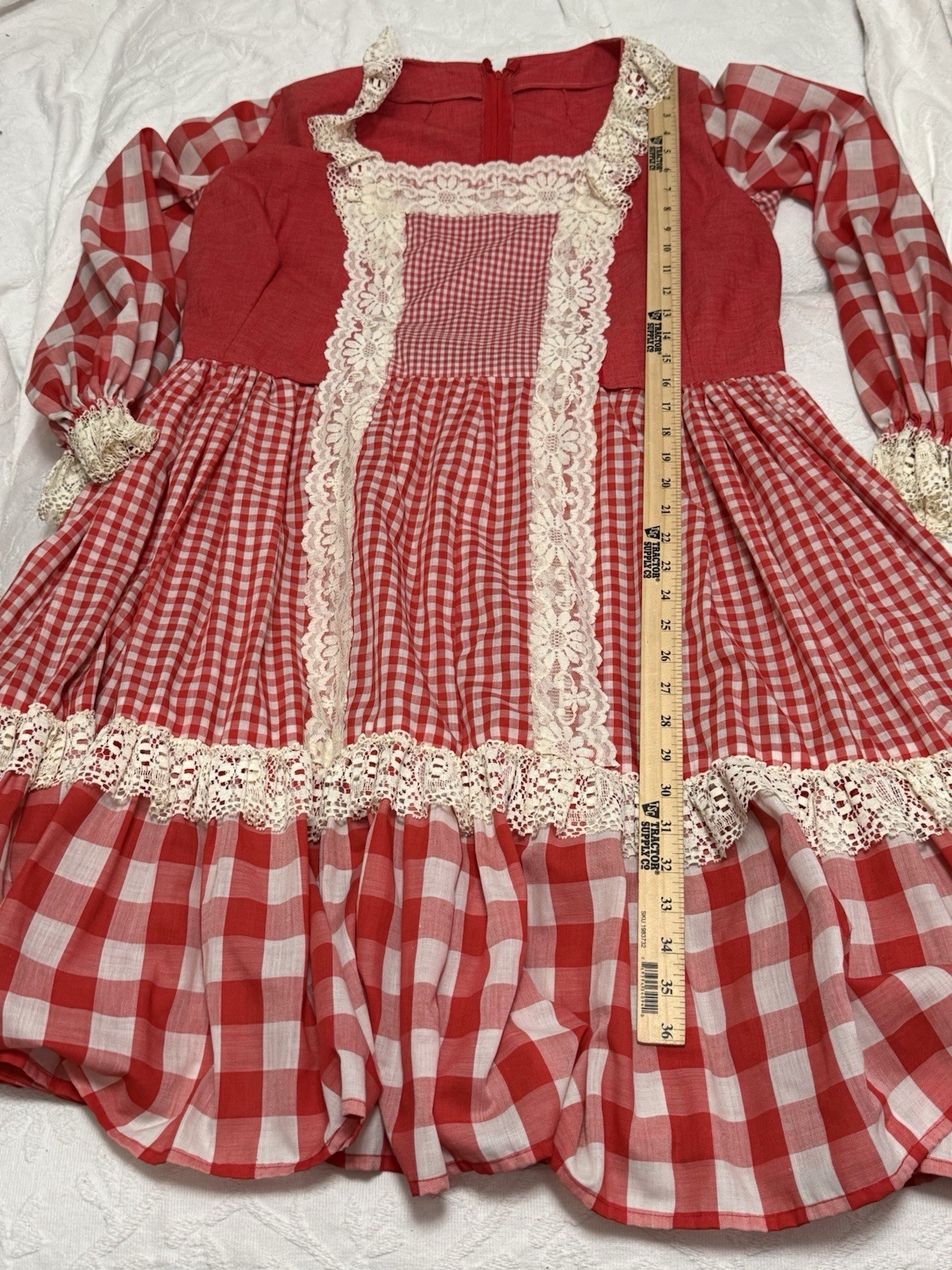 Vtg 70s Handmade Prairie Dress Red Gingham Lace Bib Farmhouse XL Storybook Style