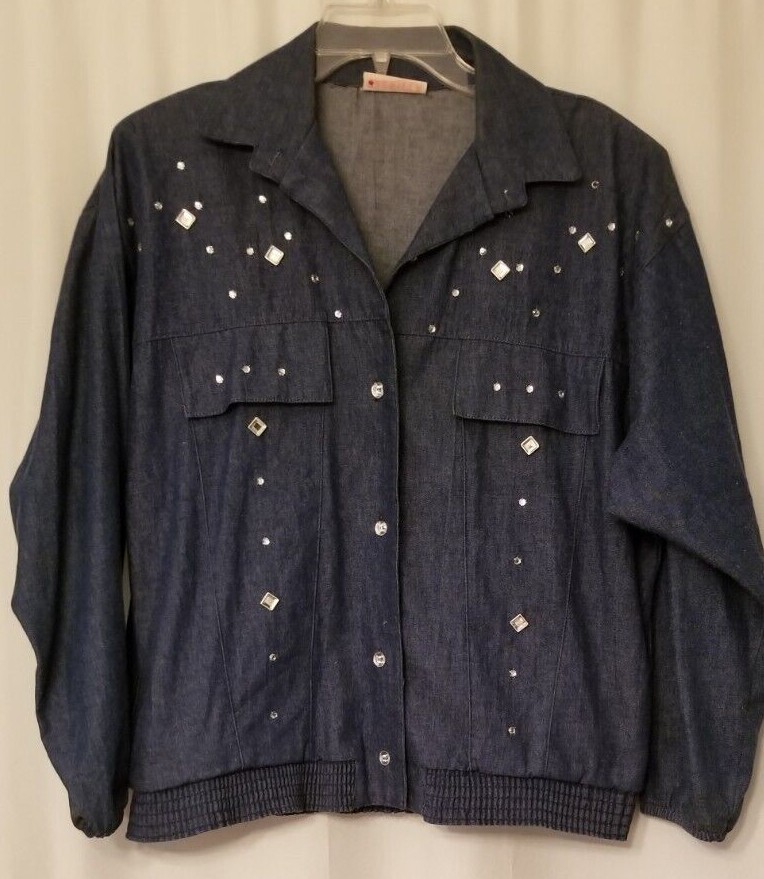 Women’s Studded Jean Jacket Bomber Look Rhinestones Shoulder Pads Classic