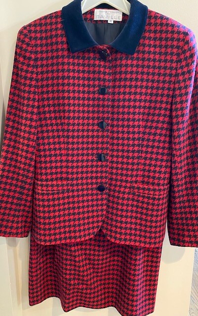 Vintage Rena Rowan for Saville Wool Jacket and Skirt Set Red Navy Houndstooth