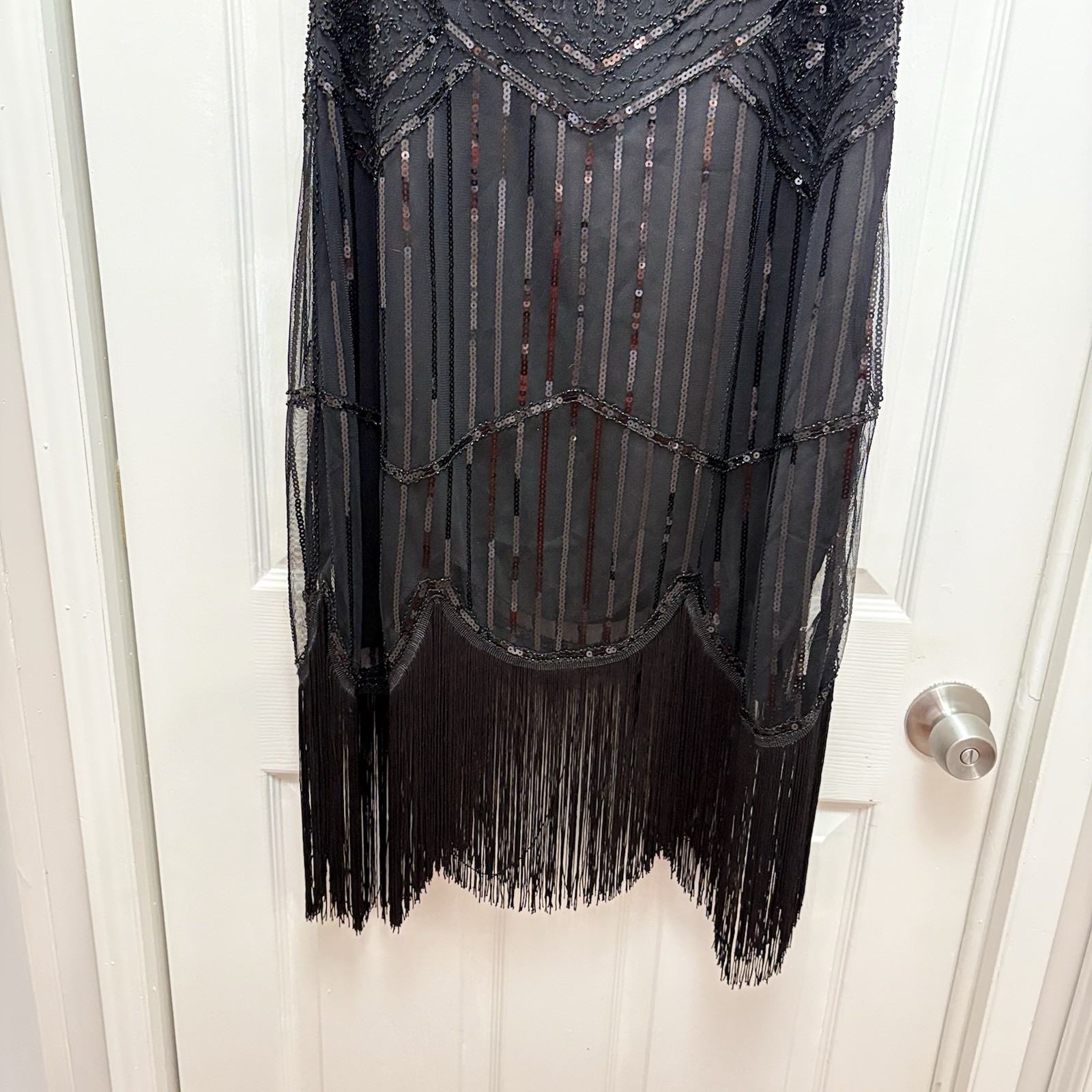 Black Sequin Beaded Flapper Dress Gatsby Fringe Mesh Cocktail Party Dress 3XL