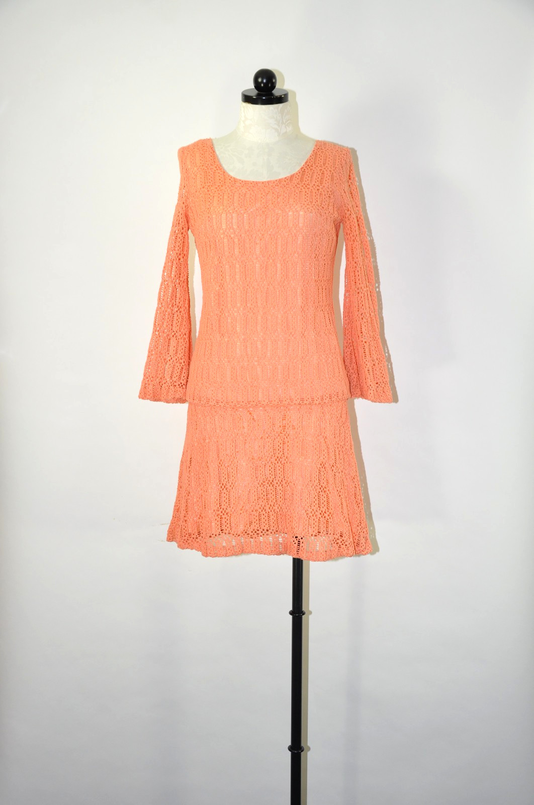 60s Vintage Orange Sorbet Crochet Knit Lace Dropped Waist Mini Dress Women S M