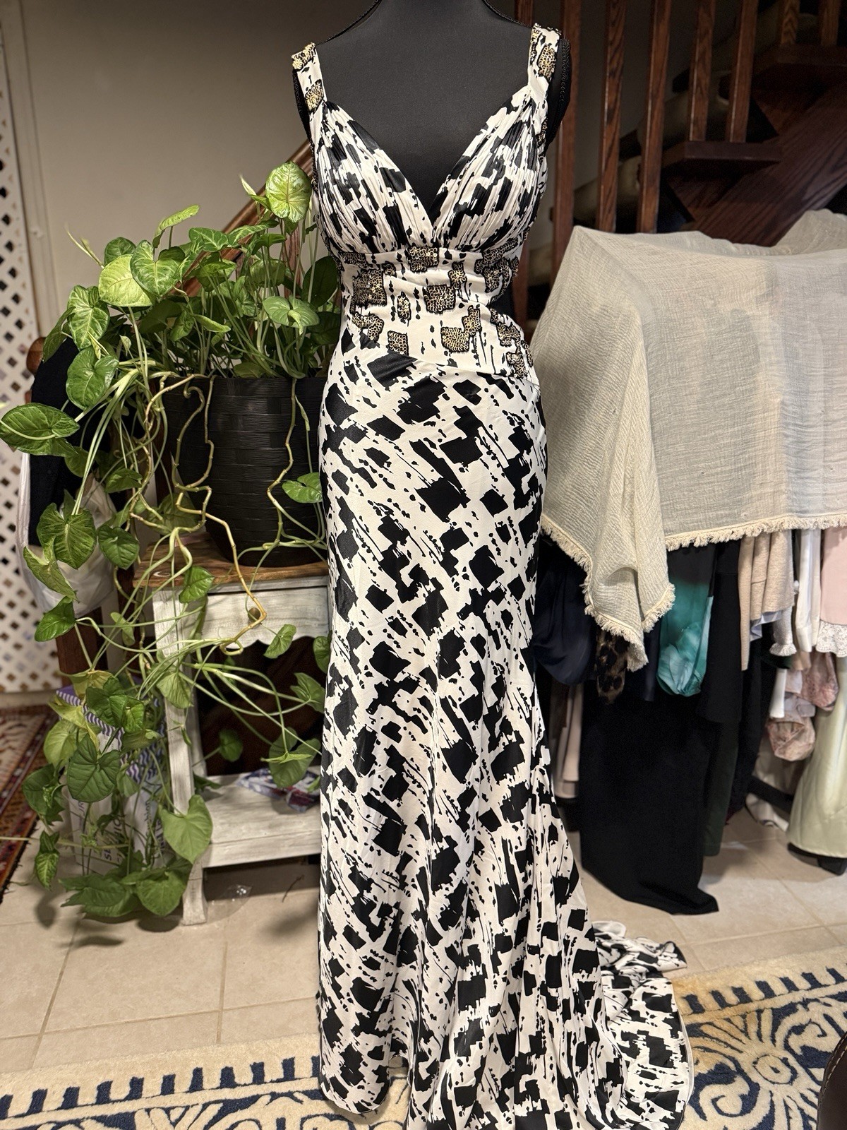 Vintage Black White Beaded Backless Evening Gown Silk Twill Handmade