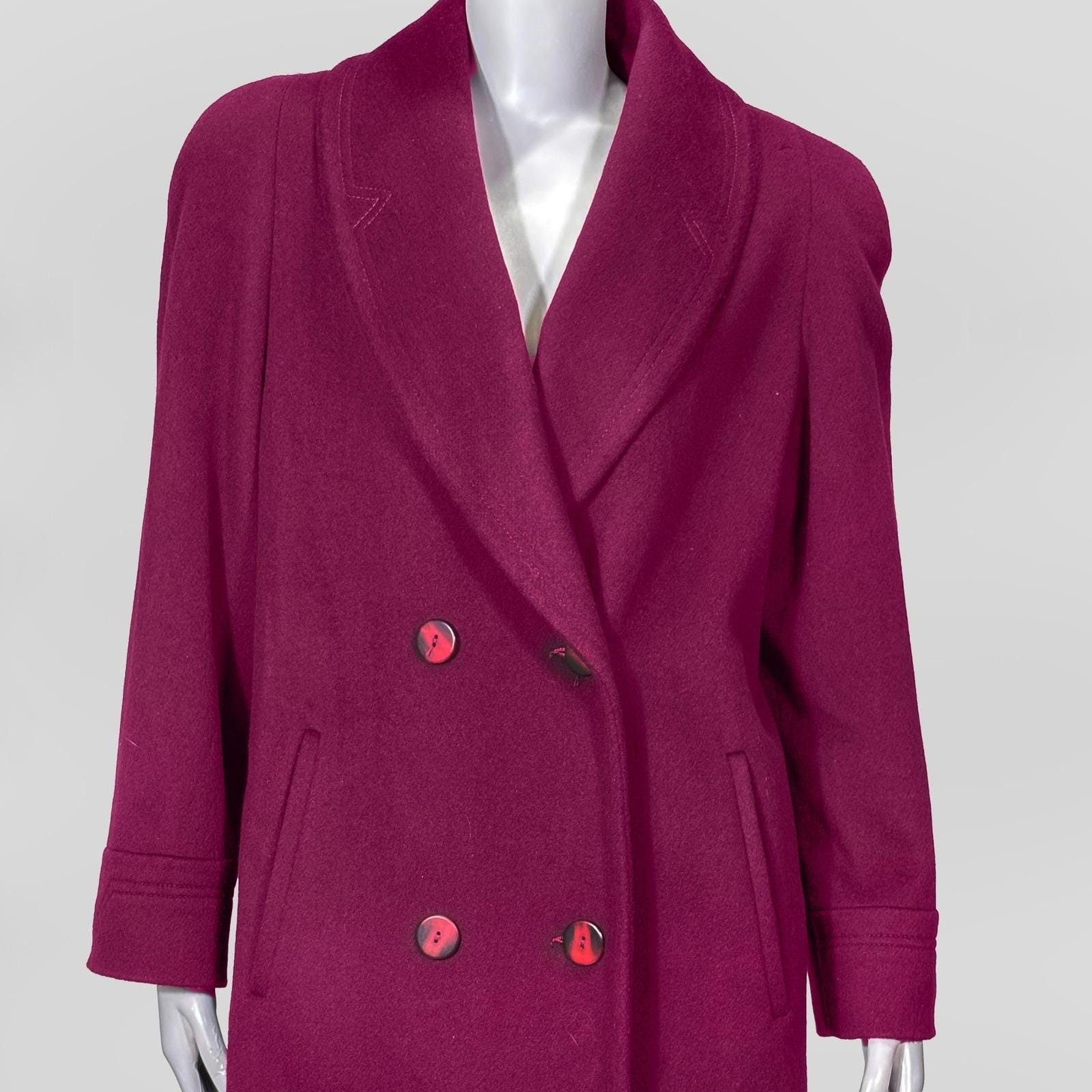 VTG Alorna Forstmann Magenta Wool Blend Coat with Scarf Womens L Peacoat