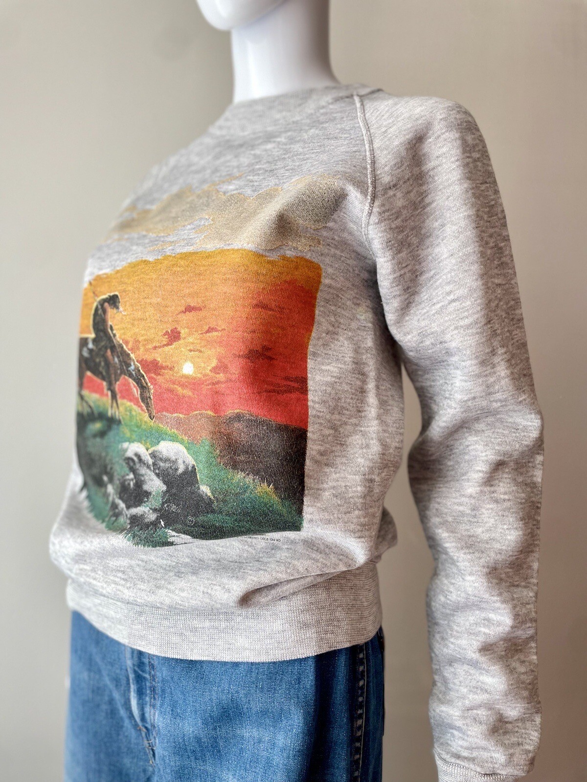 Vintage S 80s Sweatshirt Crewneck Heather Grey Native American Horse EUC