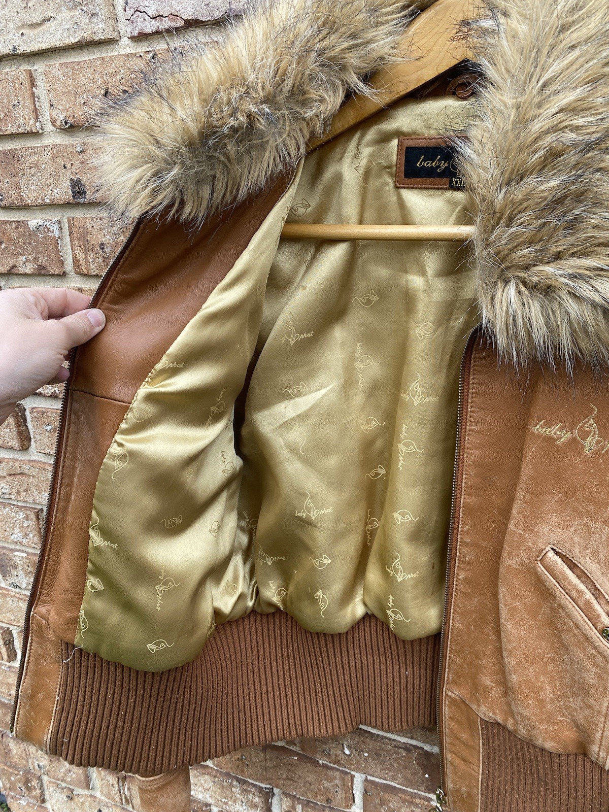 Vintage Baby Phat Leather Jacket Women’s XXL Brown Faux Fur Hooded Embroidered