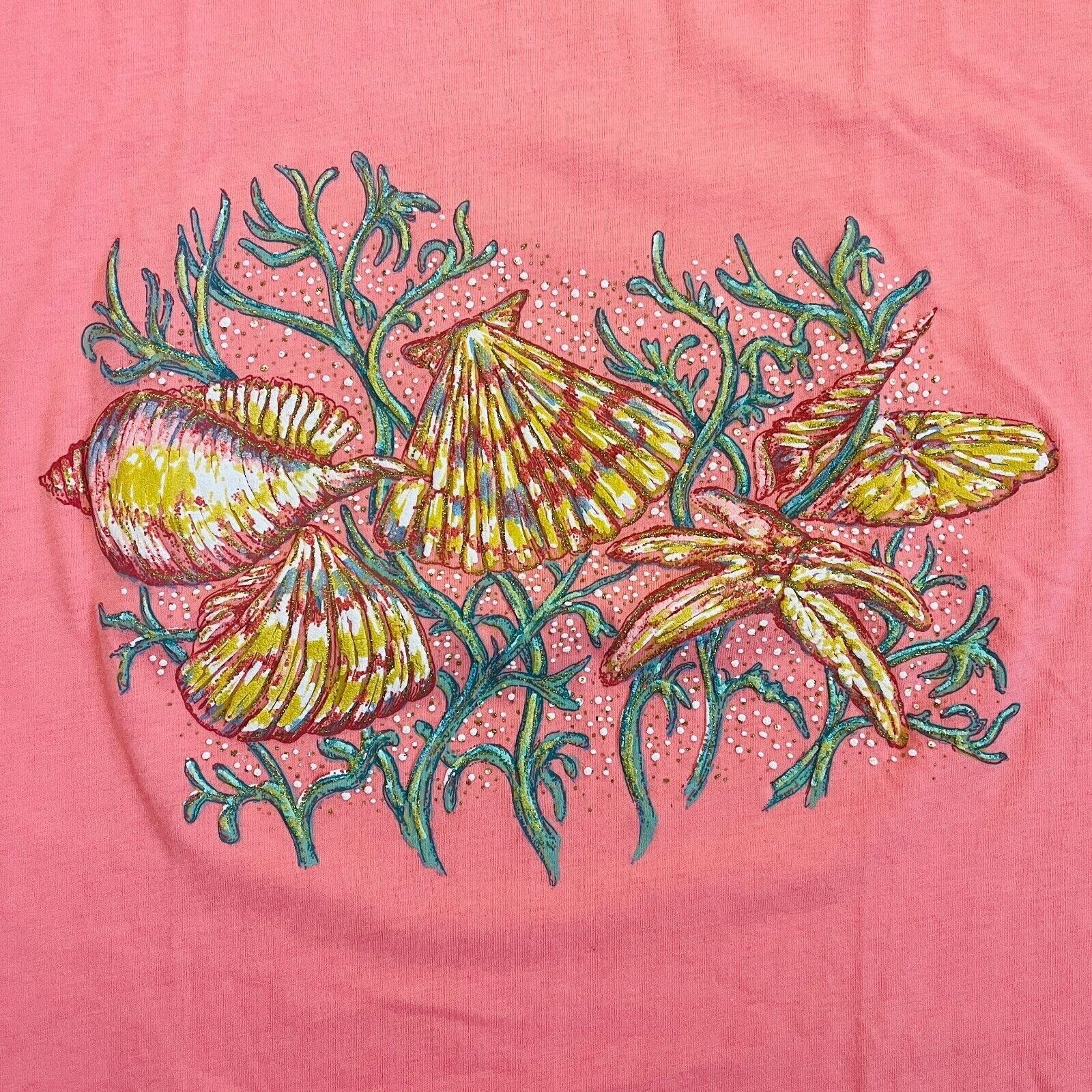 Vintage 90s Beachy Coastal Grandma SK Sport Coral Pink SeaShells SeaWeed T-Shirt