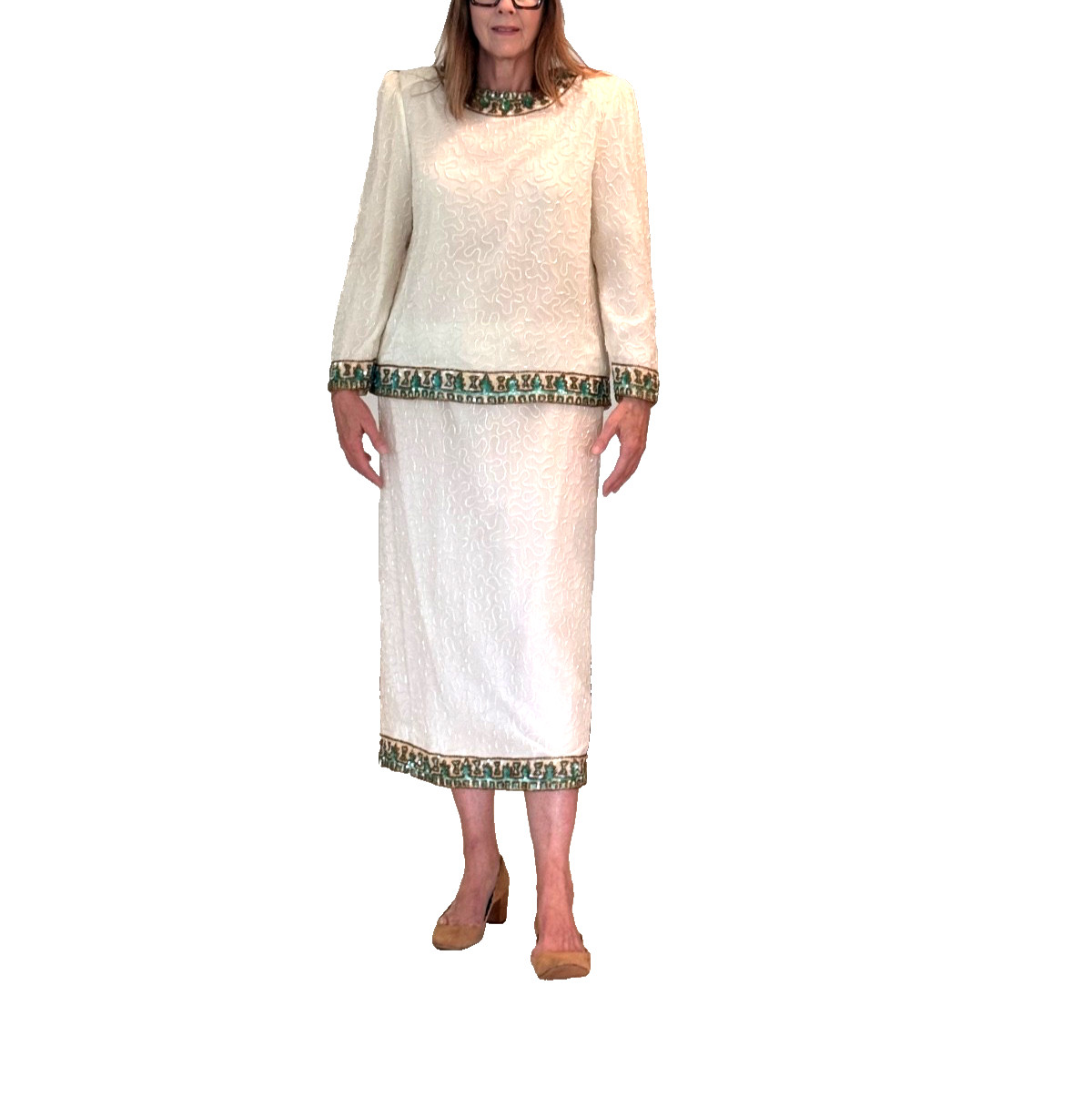 Vintage 70’s Women’s Dressy Scala 100% Silk Beaded Blouse and Skirt Set LG