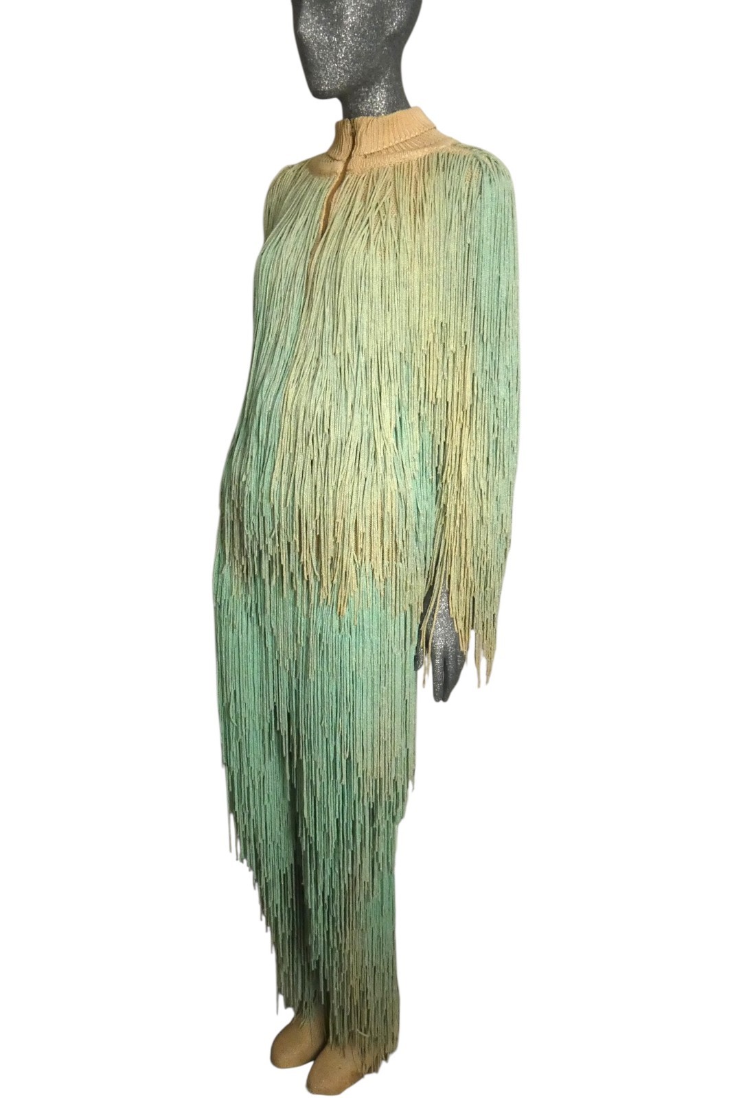 PIERRE CARDIN HAUTE COUTURE – 1973 Green Ombre Fringe Knit Ensemble, Size-4