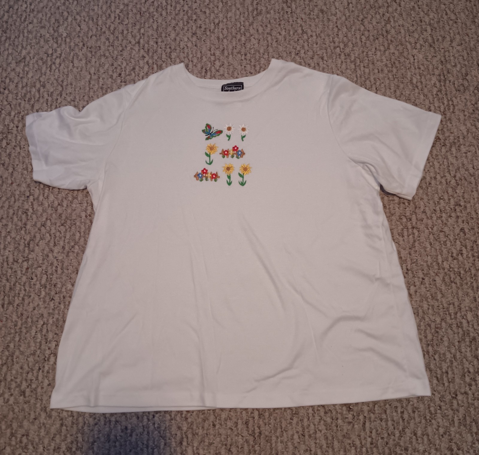 Vintage 90s Embroidered Flower White Shirt, Southern Lady XL-1XL